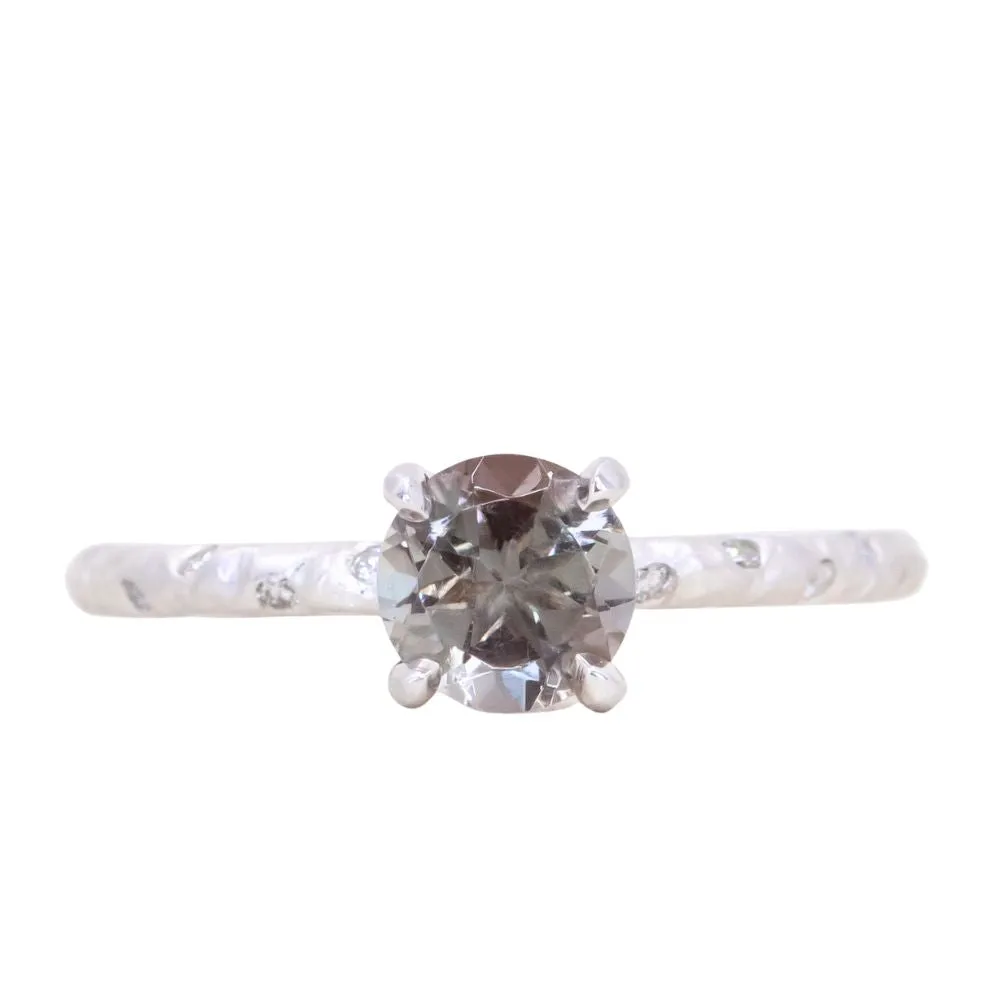 0.84ct Round Oregon Sunstone Solitaire Ring in Sterling Silver with Embedded Diamonds in Evergreen Texture