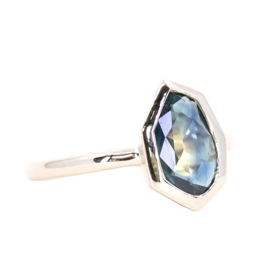 Stunning 0.92ct Parti Blue Sapphire Ring with Geometric Slice Design in 14k White Gold Bezel Setting