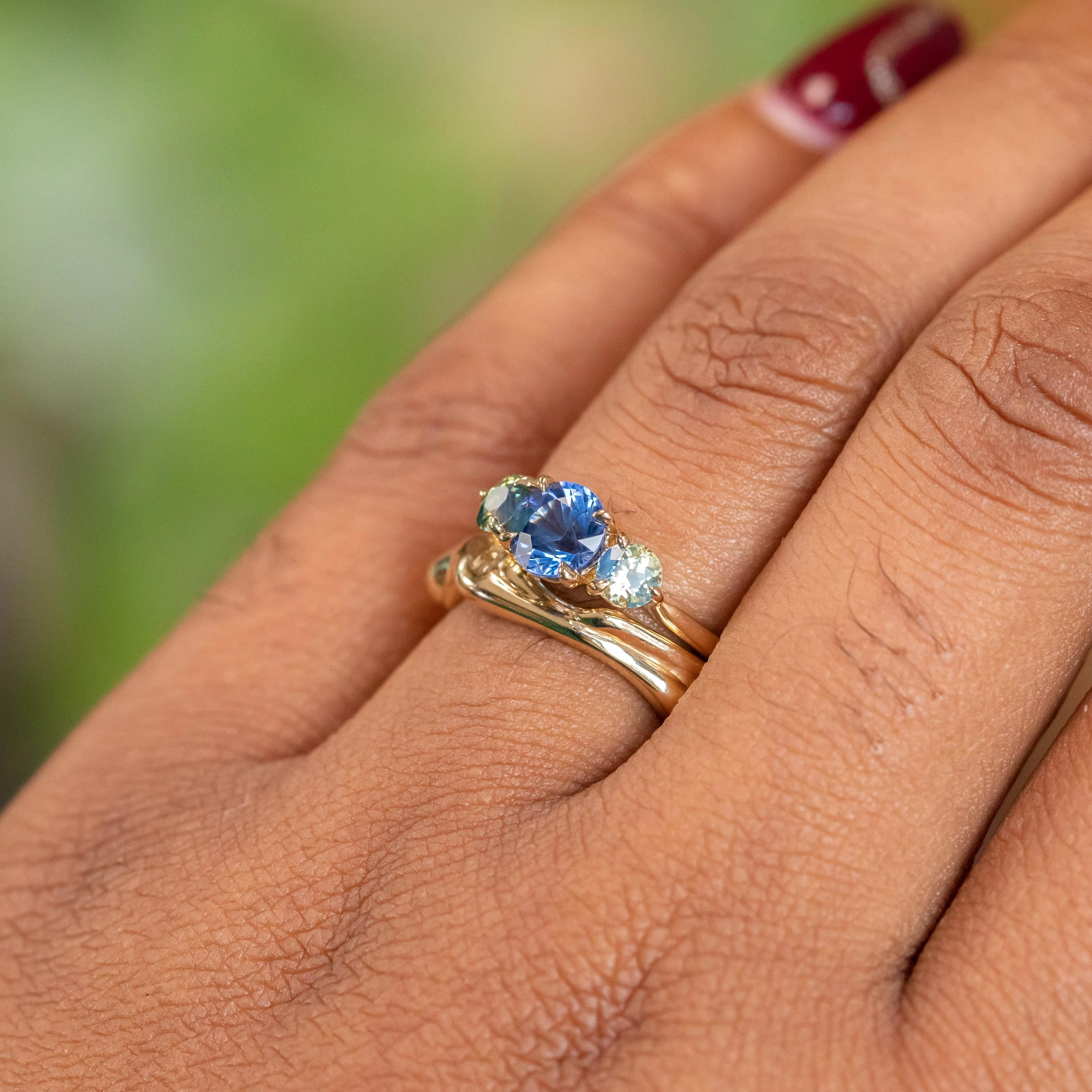 1.07ct Round Ceylon Sapphire and 3.8MM Round Sapphires Three Stone Ring in 14K Yellow Gold