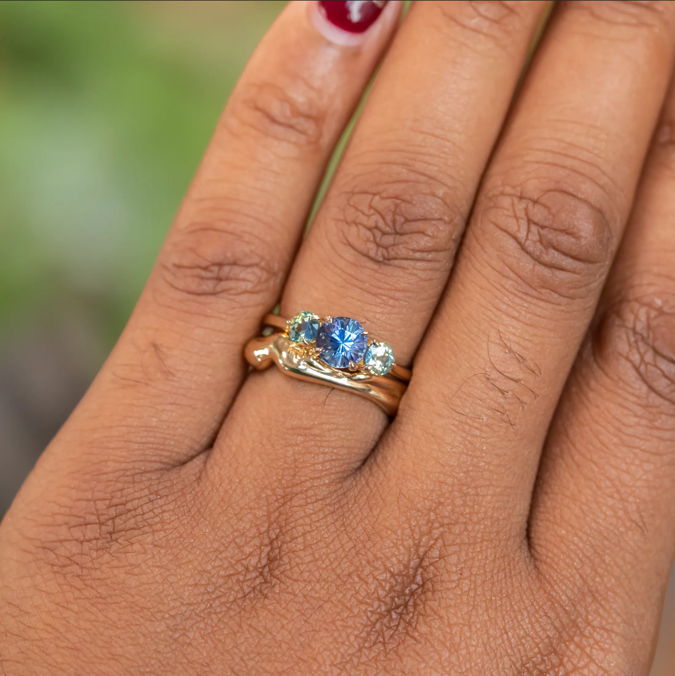 1.07ct Round Ceylon Sapphire and 3.8MM Round Sapphires Three Stone Ring in 14K Yellow Gold