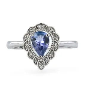 10K white gold pear tanzanite and diamonds vintage ring-224854