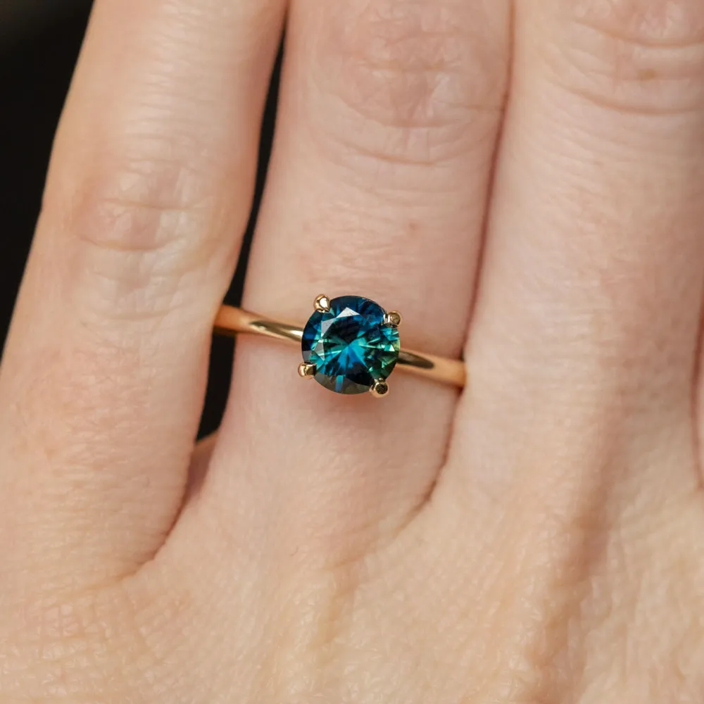 1.16ct Round Teal Blue Green Australian Sapphire Classic Four Prong Solitaire in 14k Yellow Gold