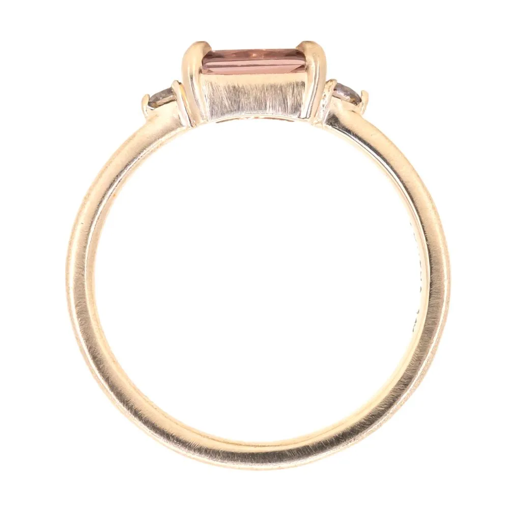 1.19ct East-West Radiant cut Pink Zircon and Champagne Diamond Low Profile Satin Flat Band Ring in 14k Yellow Gold