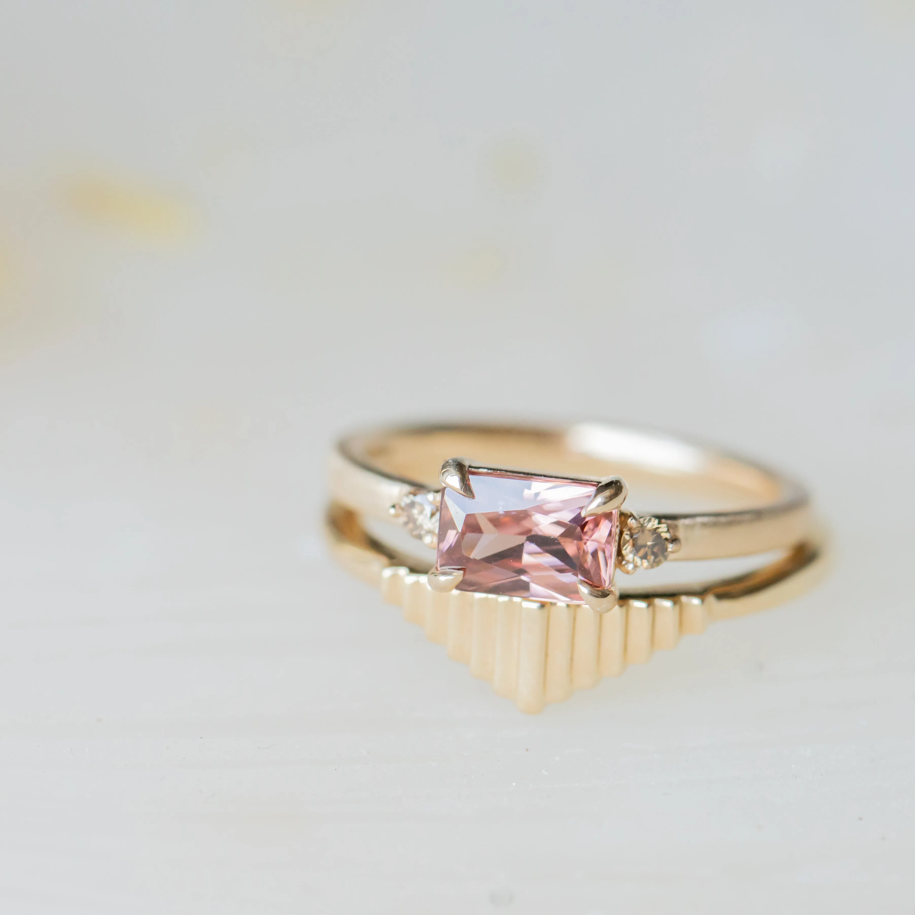 1.19ct East-West Radiant cut Pink Zircon and Champagne Diamond Low Profile Satin Flat Band Ring in 14k Yellow Gold