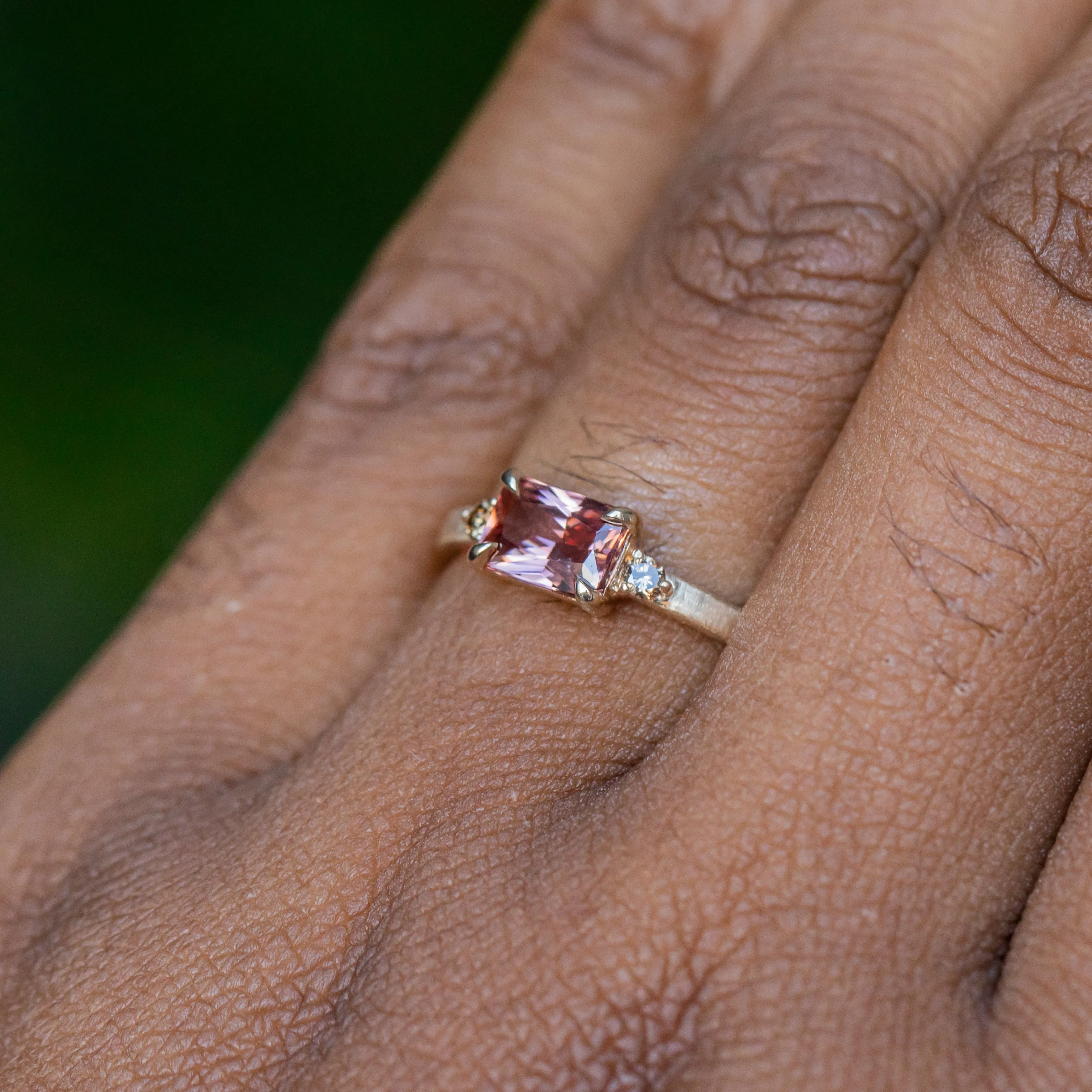 1.19ct East-West Radiant cut Pink Zircon and Champagne Diamond Low Profile Satin Flat Band Ring in 14k Yellow Gold