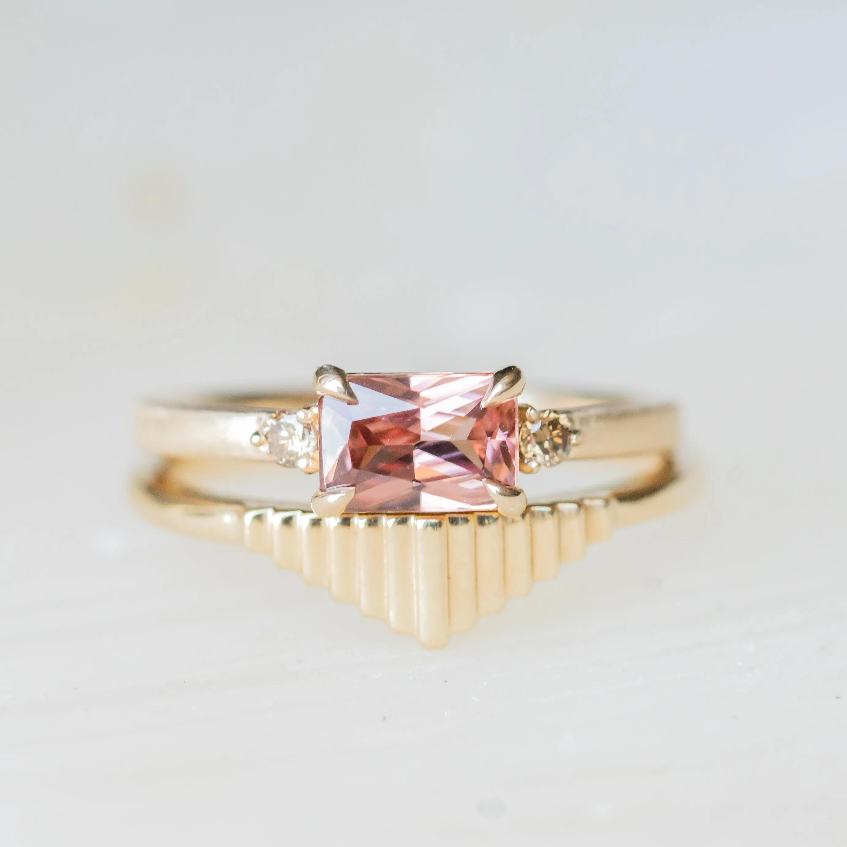 1.19ct East-West Radiant cut Pink Zircon and Champagne Diamond Low Profile Satin Flat Band Ring in 14k Yellow Gold