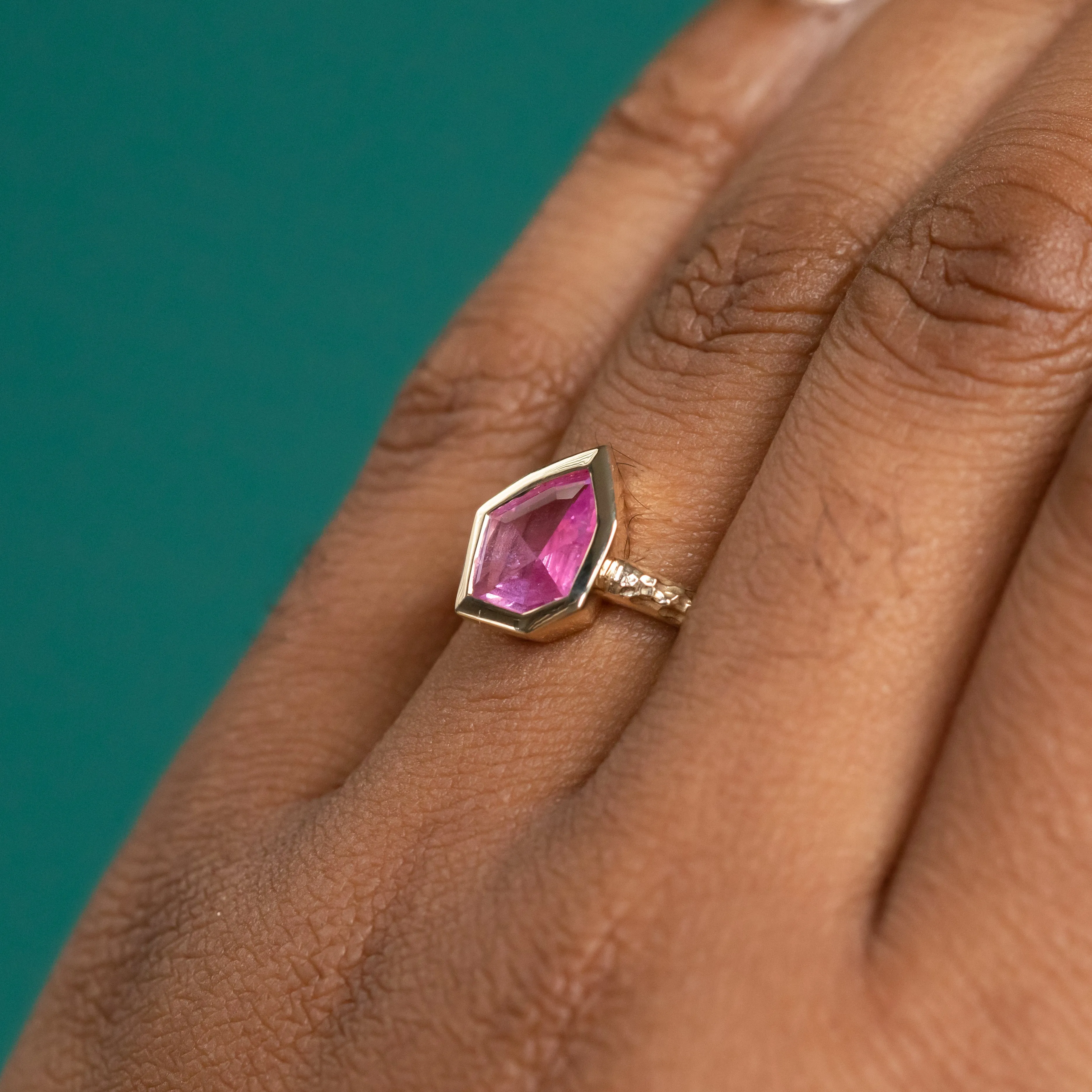 1.25ct Geo Slice Pink Sapphire Evergreen Low Profile Bezel Solitaire Ring in 14k Yellow Gold