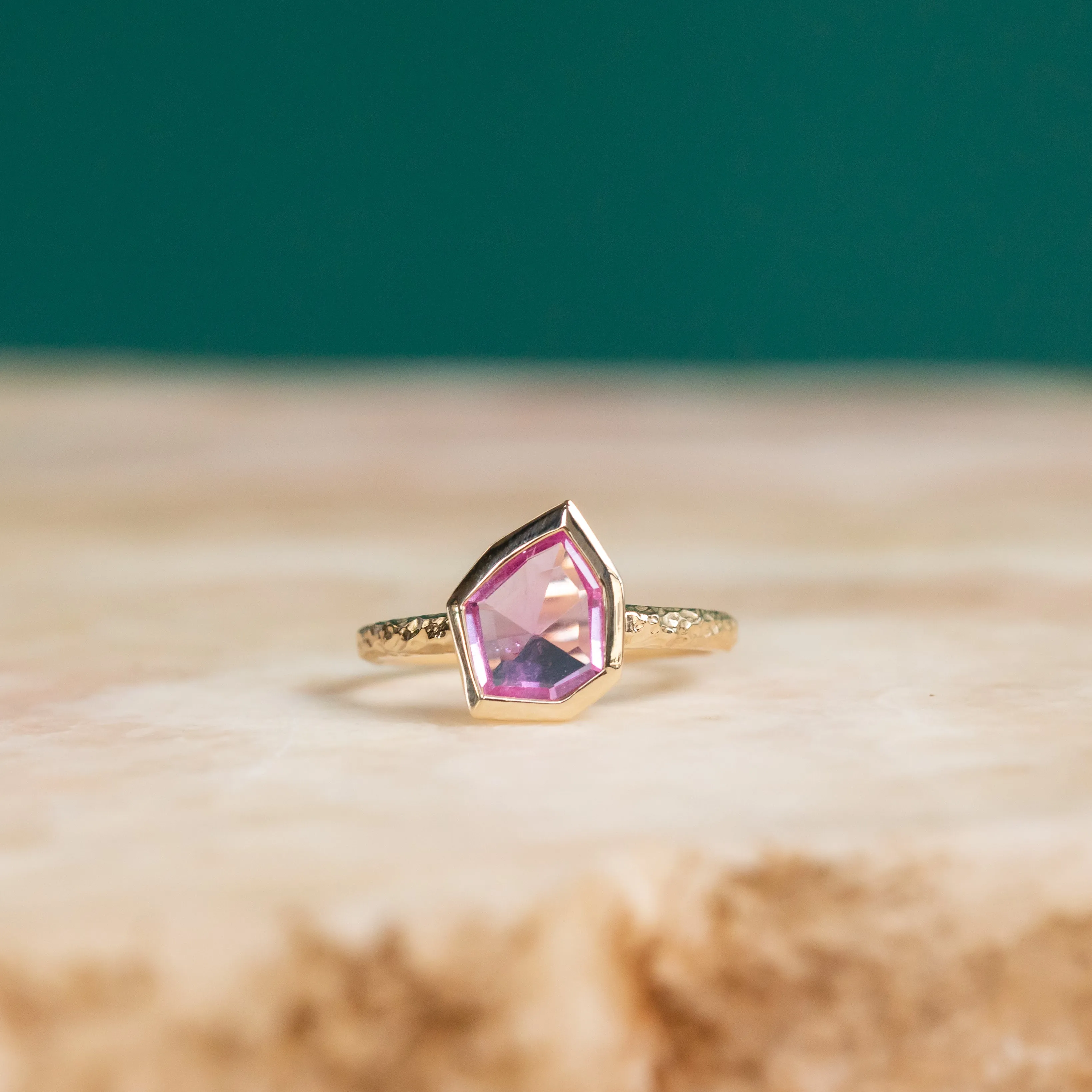 1.25ct Geo Slice Pink Sapphire Evergreen Low Profile Bezel Solitaire Ring in 14k Yellow Gold