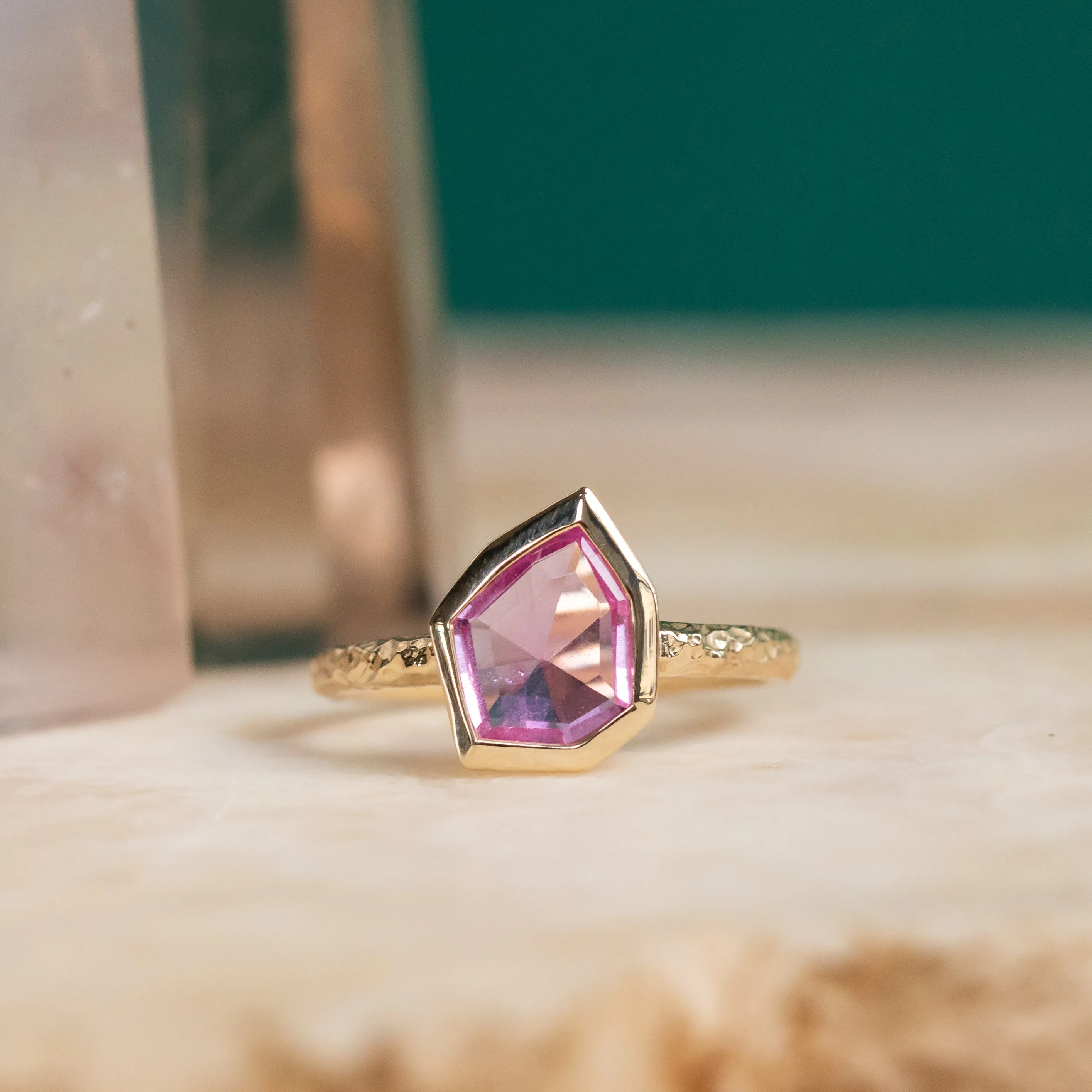 1.25ct Geo Slice Pink Sapphire Evergreen Low Profile Bezel Solitaire Ring in 14k Yellow Gold