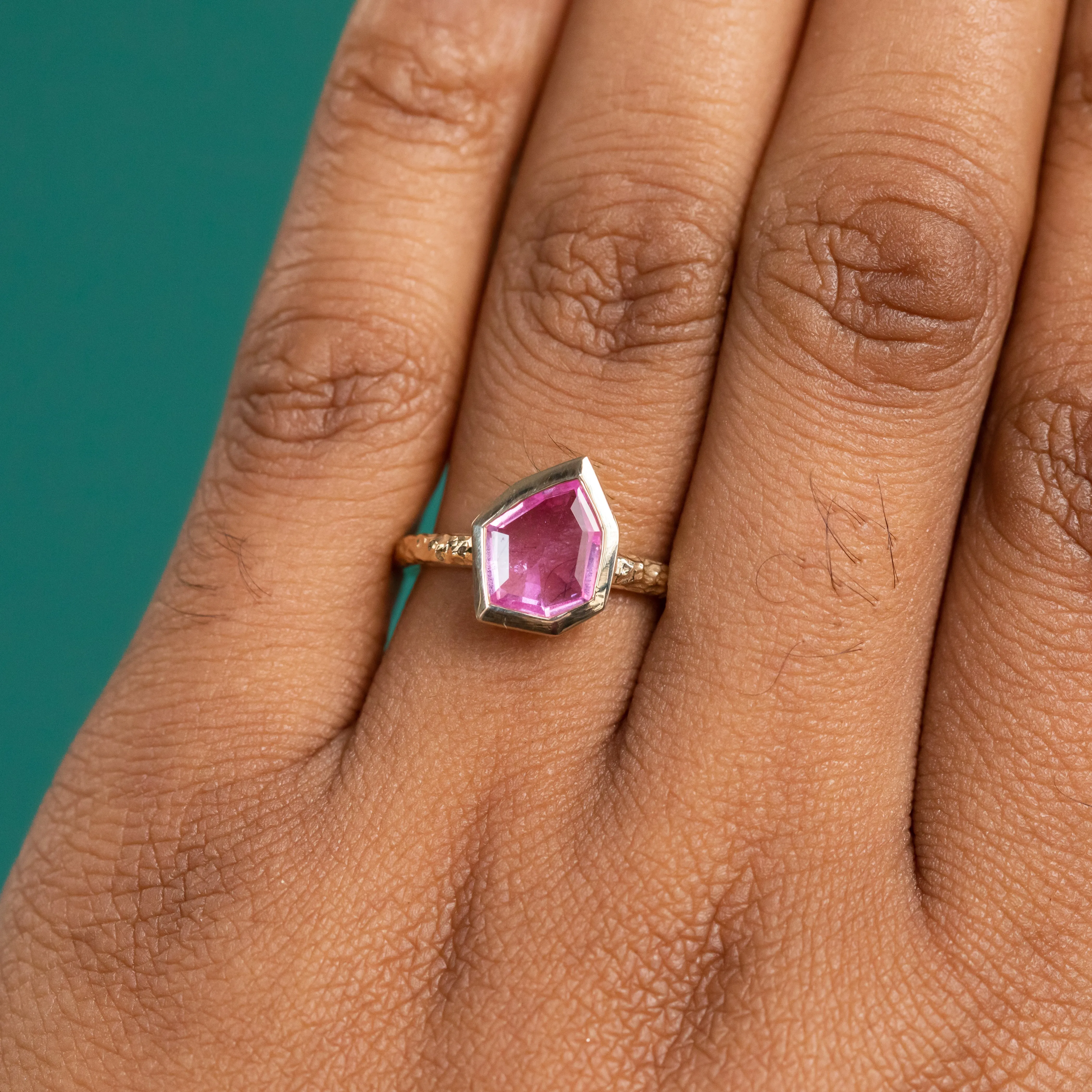 1.25ct Geo Slice Pink Sapphire Evergreen Low Profile Bezel Solitaire Ring in 14k Yellow Gold