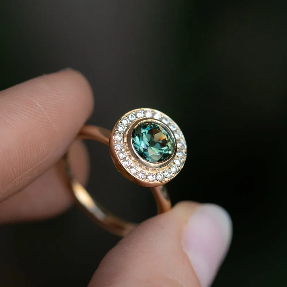 1.29ct Round Untreated Songean Green Sapphire Bezel Set Diamond Halo Ring in 14k Yellow Gold