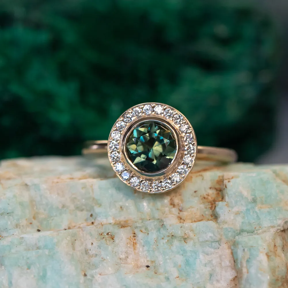 1.29ct Round Untreated Songean Green Sapphire Bezel Set Diamond Halo Ring in 14k Yellow Gold