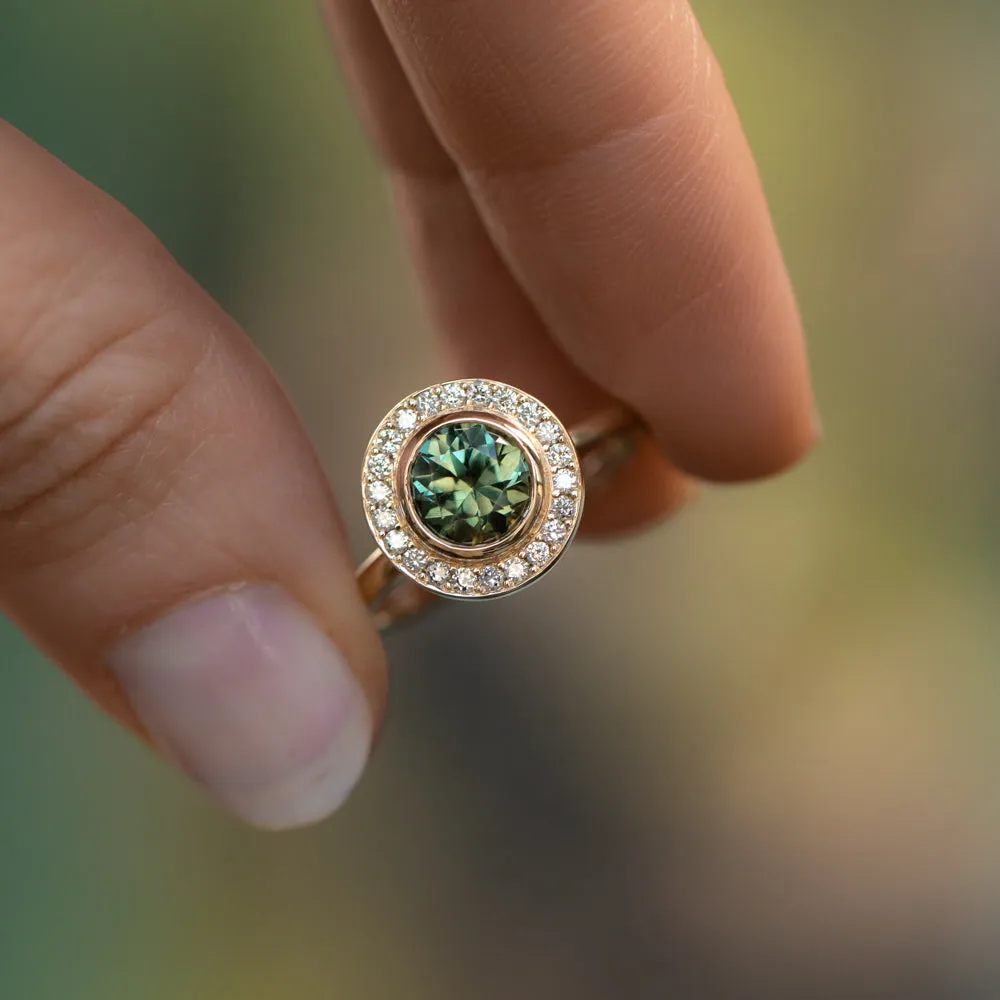 1.29ct Round Untreated Songean Green Sapphire Bezel Set Diamond Halo Ring in 14k Yellow Gold