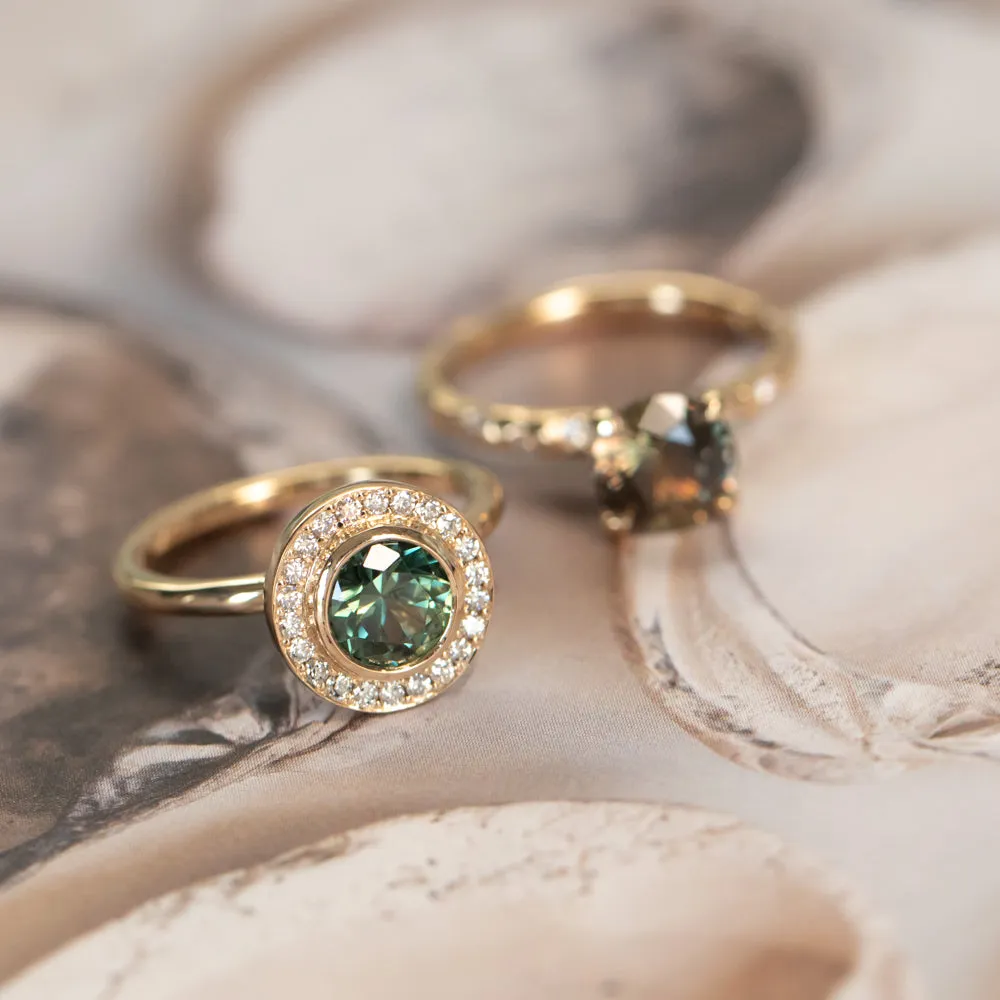 1.29ct Round Untreated Songean Green Sapphire Bezel Set Diamond Halo Ring in 14k Yellow Gold