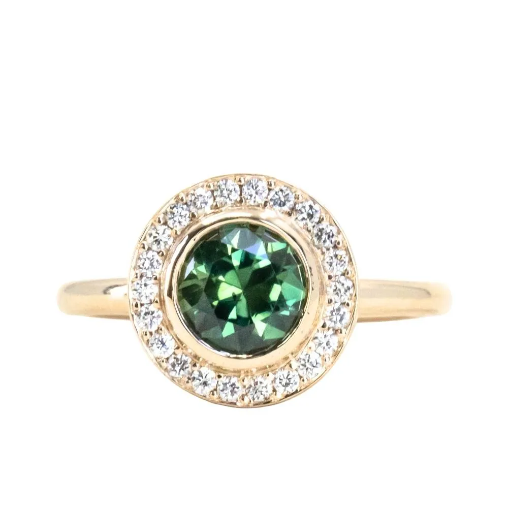 1.29ct Round Untreated Songean Green Sapphire Bezel Set Diamond Halo Ring in 14k Yellow Gold