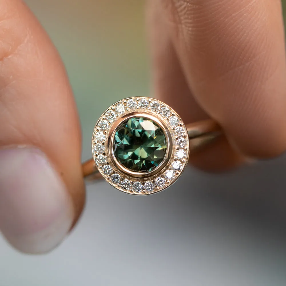 1.29ct Round Untreated Songean Green Sapphire Bezel Set Diamond Halo Ring in 14k Yellow Gold