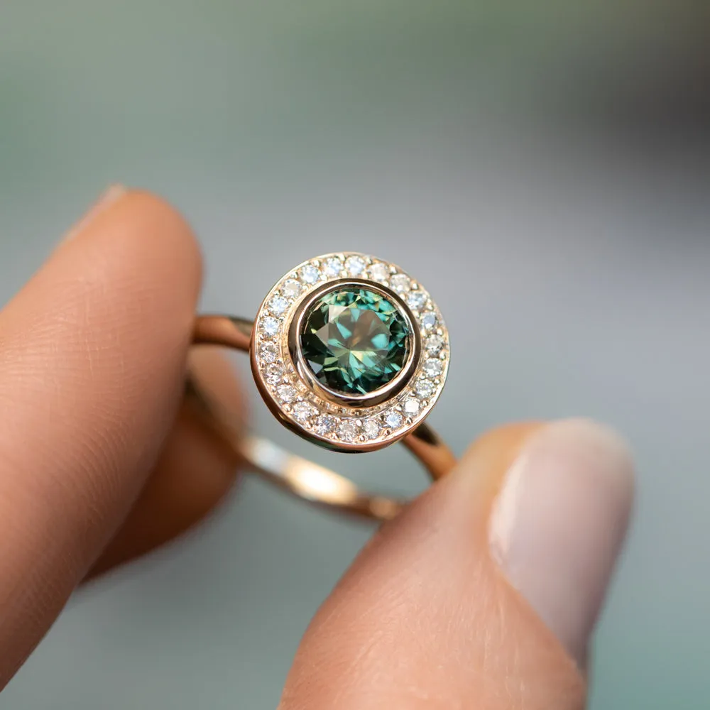 1.29ct Round Untreated Songean Green Sapphire Bezel Set Diamond Halo Ring in 14k Yellow Gold