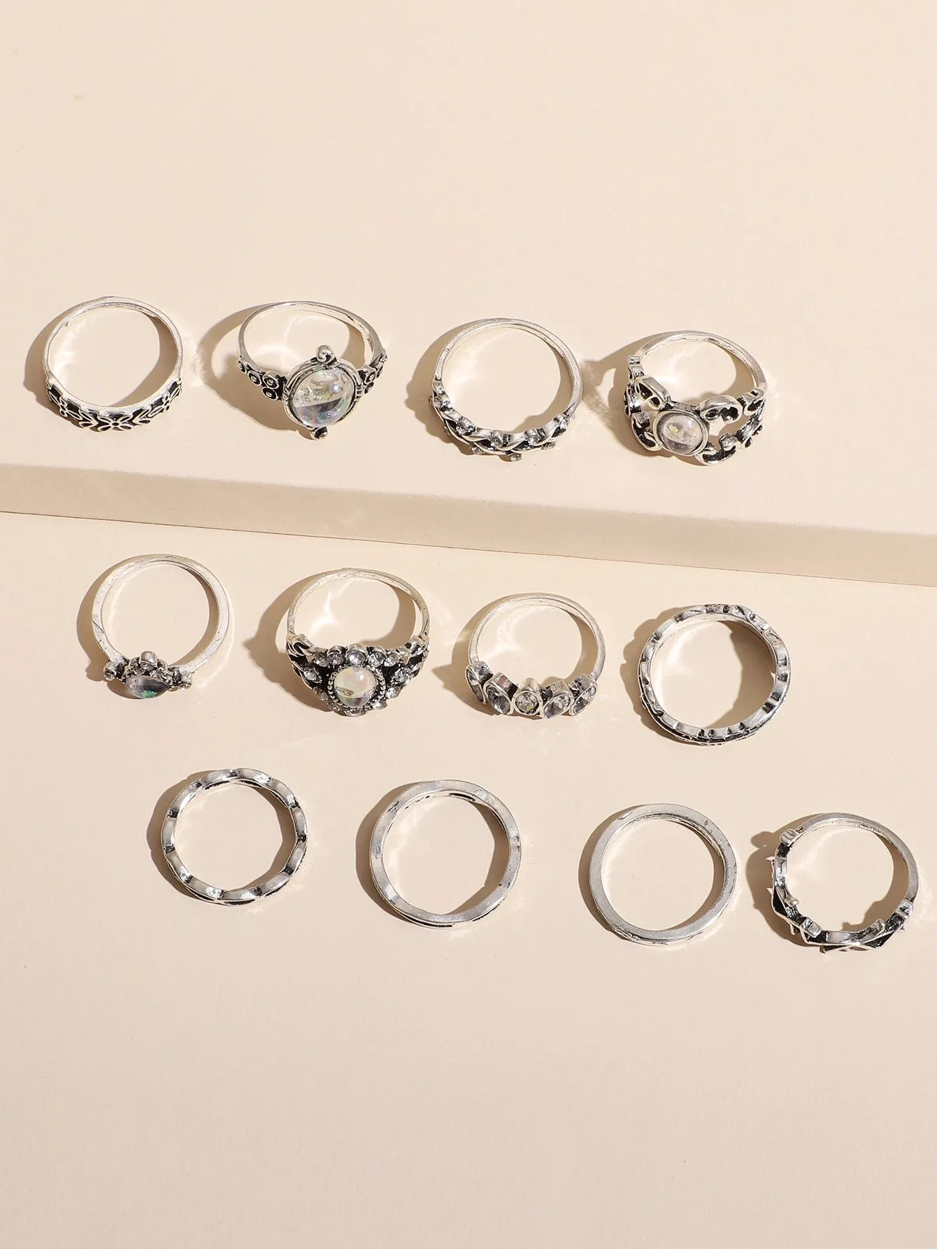 12pcs Rhinestone Decor & Leaf Design Rings