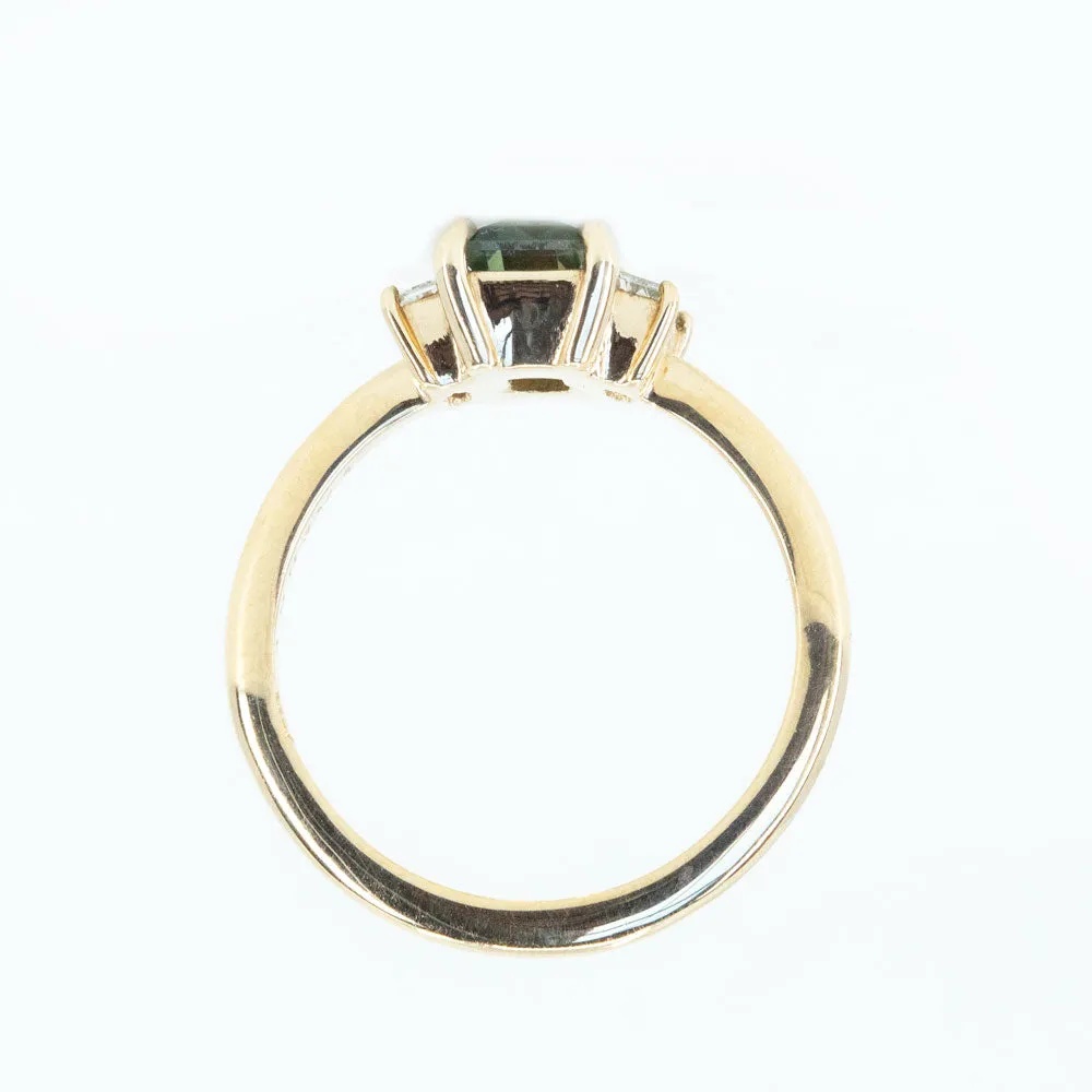 1.33ct Parti Green Emerald Cut Sapphire and Diamond Low Profile Three Stone Ring in 14k Yellow Gold