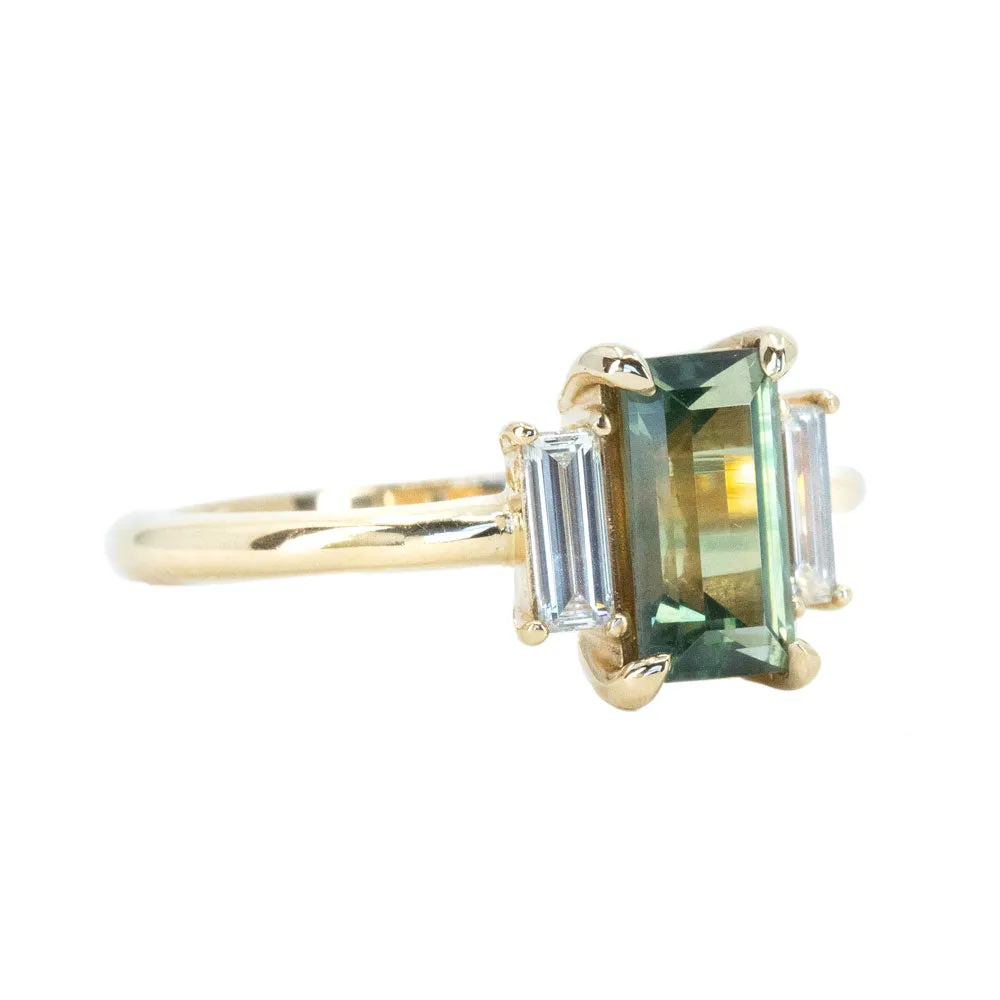 1.33ct Parti Green Emerald Cut Sapphire and Diamond Low Profile Three Stone Ring in 14k Yellow Gold