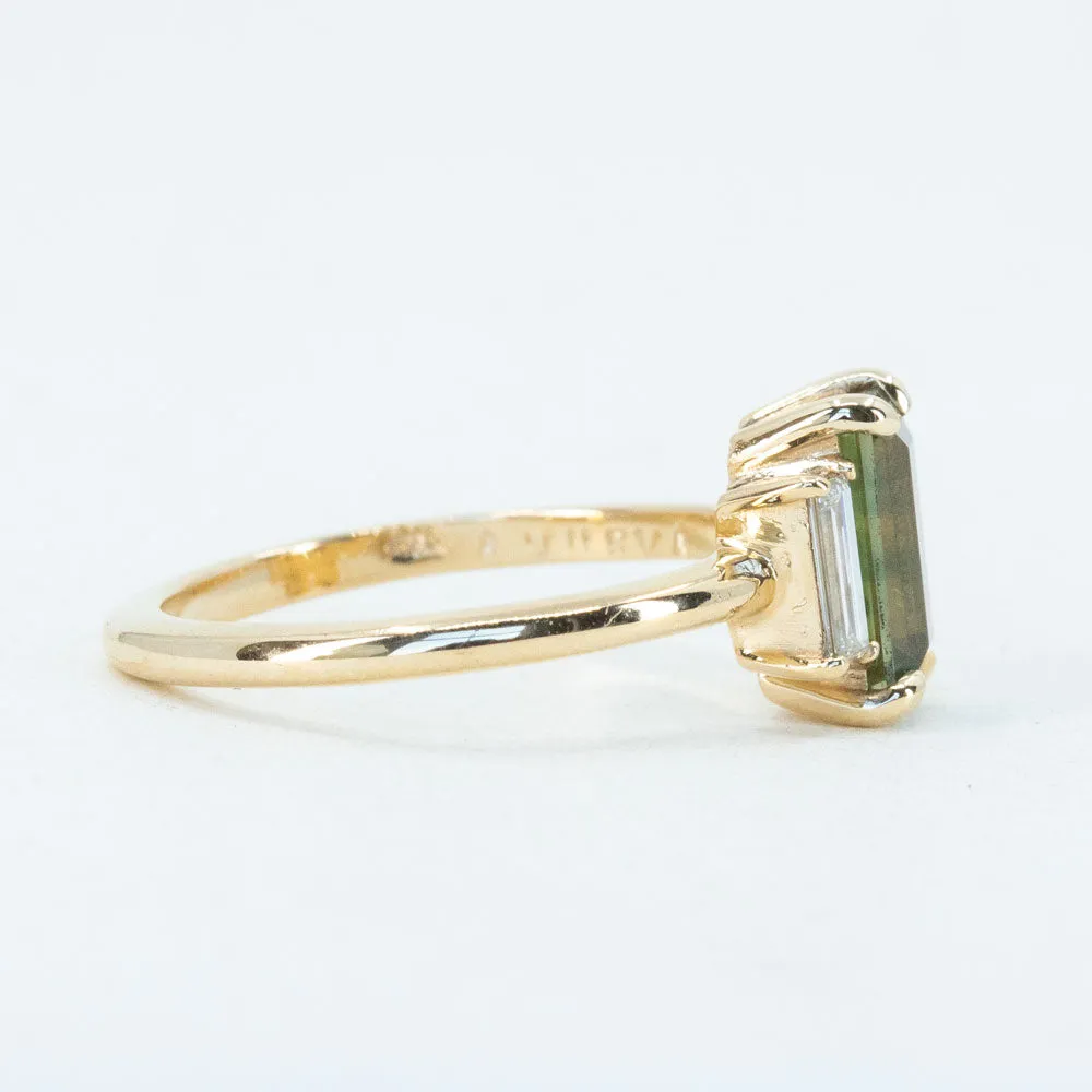 1.33ct Parti Green Emerald Cut Sapphire and Diamond Low Profile Three Stone Ring in 14k Yellow Gold