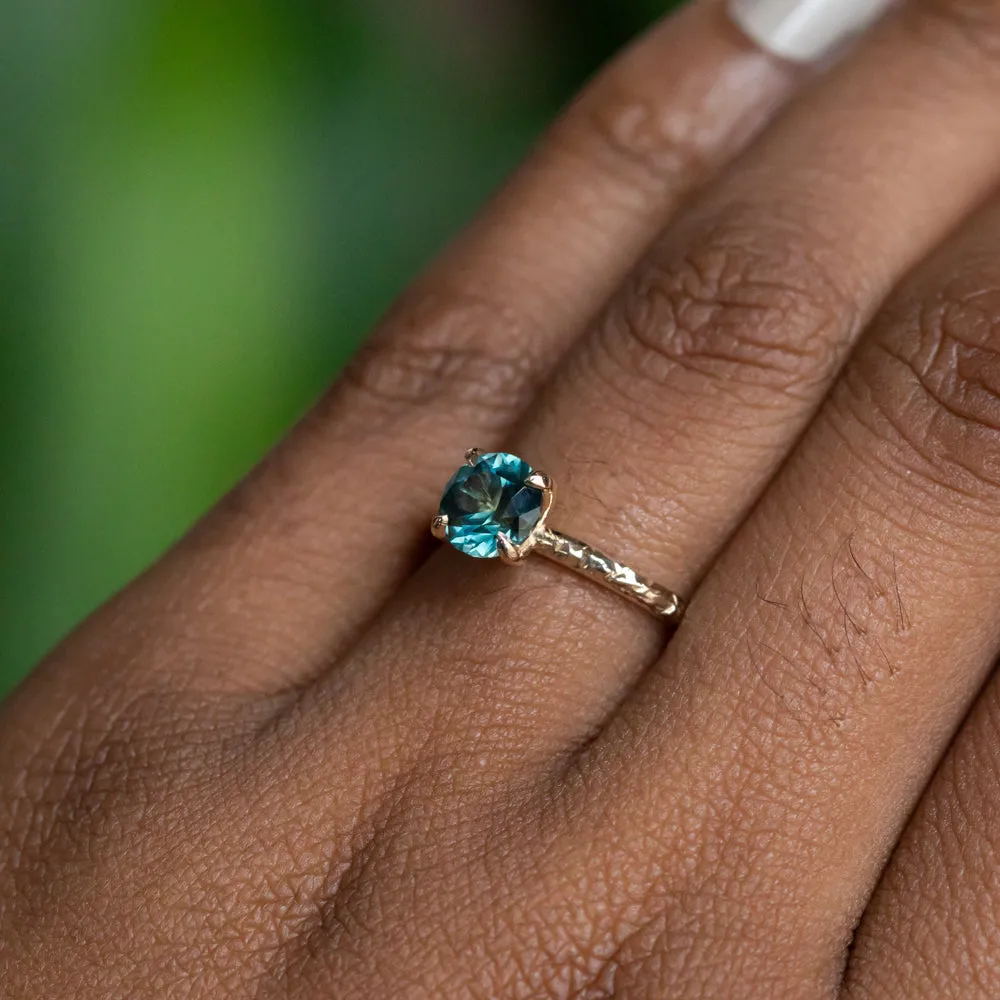 1.39ct Round Teal Songean Sapphire Evergreen Solitaire in Recycled 14k Yellow Gold