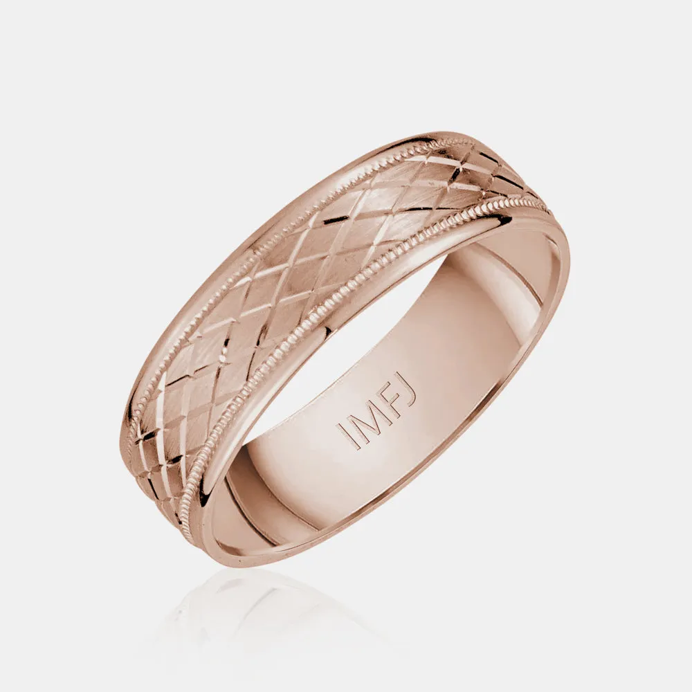 14K Diamond Shape Design Flat Milgrain Wedding Band