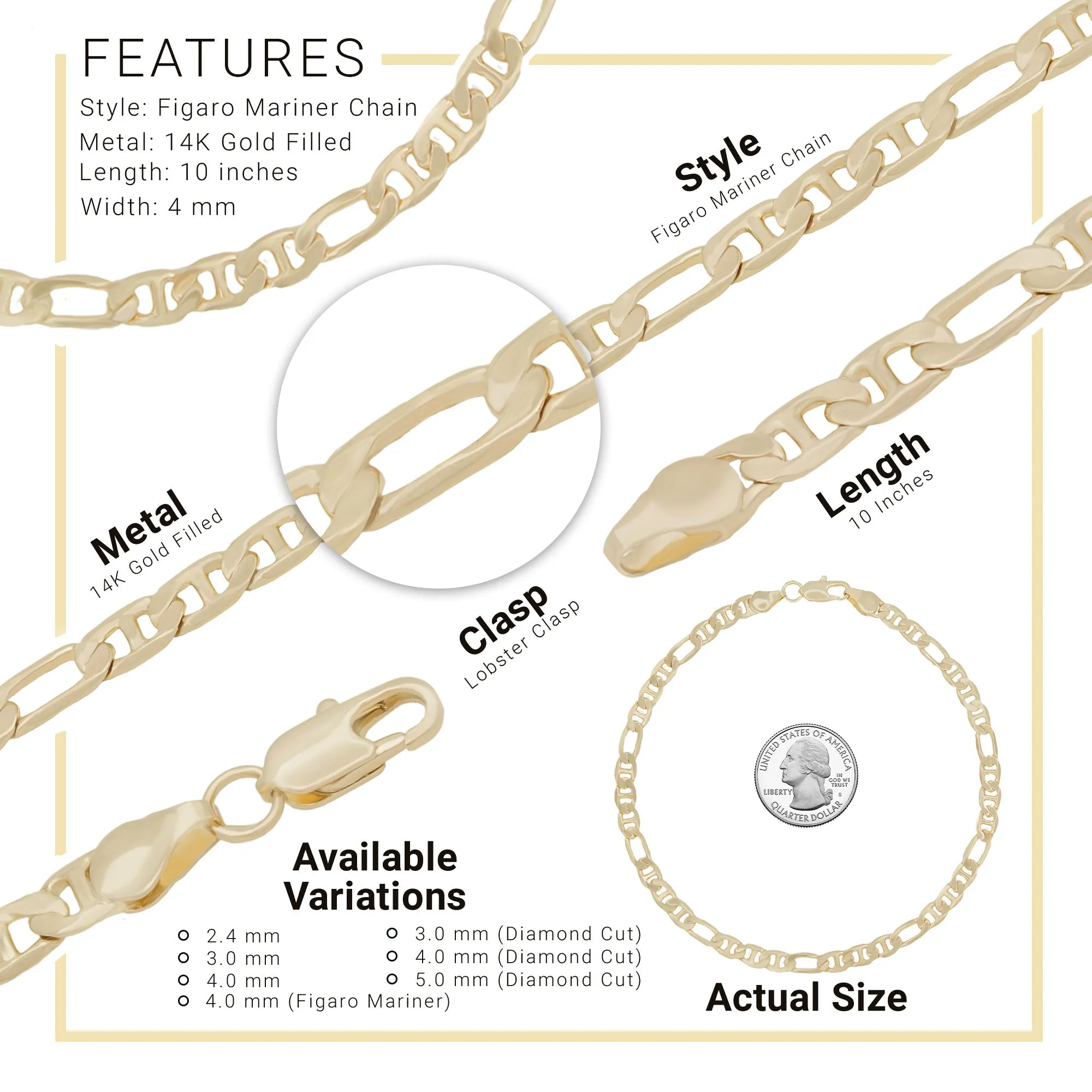 14K Gold Filled Anklet Diamond Cut Figaro Chain Foot Bracelet Anklet Fashion Jewelry for Women Girls Length 10''