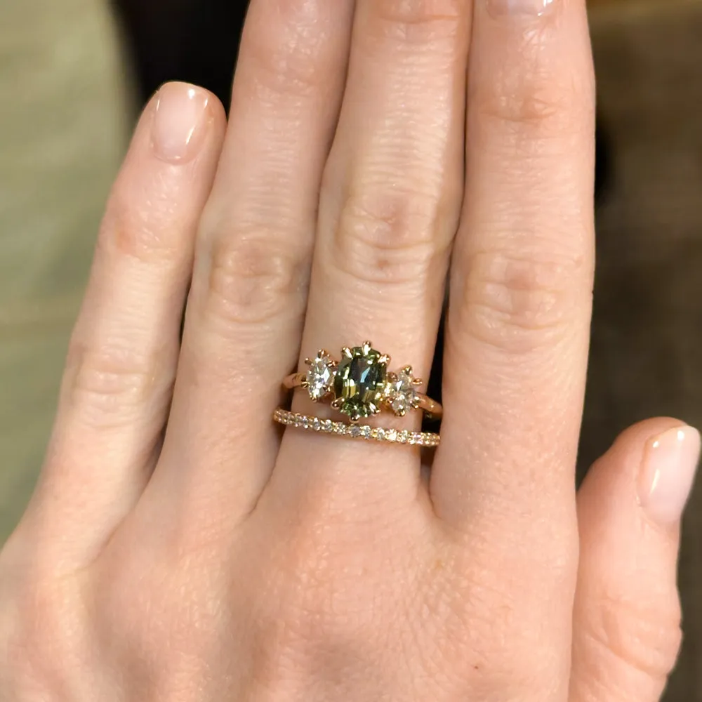 1.58ct Fancy Oval/Cushion Green Sapphire and Moissanite Three Stone ring with Evergreen texture in 18k Rose Gold