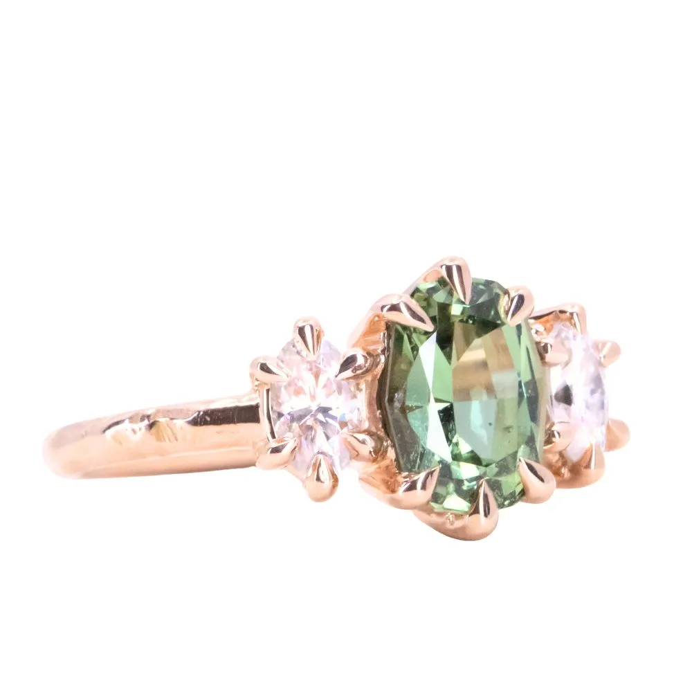 1.58ct Fancy Oval/Cushion Green Sapphire and Moissanite Three Stone ring with Evergreen texture in 18k Rose Gold