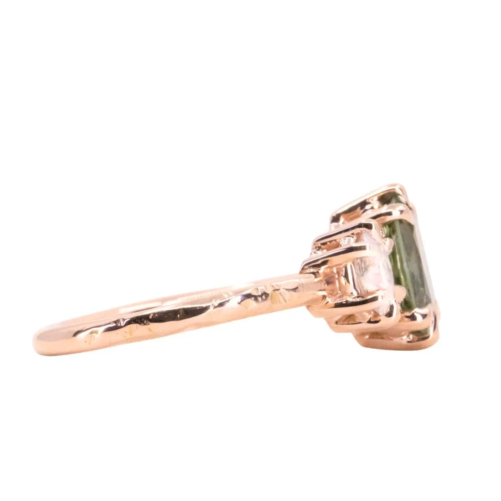 1.58ct Fancy Oval/Cushion Green Sapphire and Moissanite Three Stone ring with Evergreen texture in 18k Rose Gold