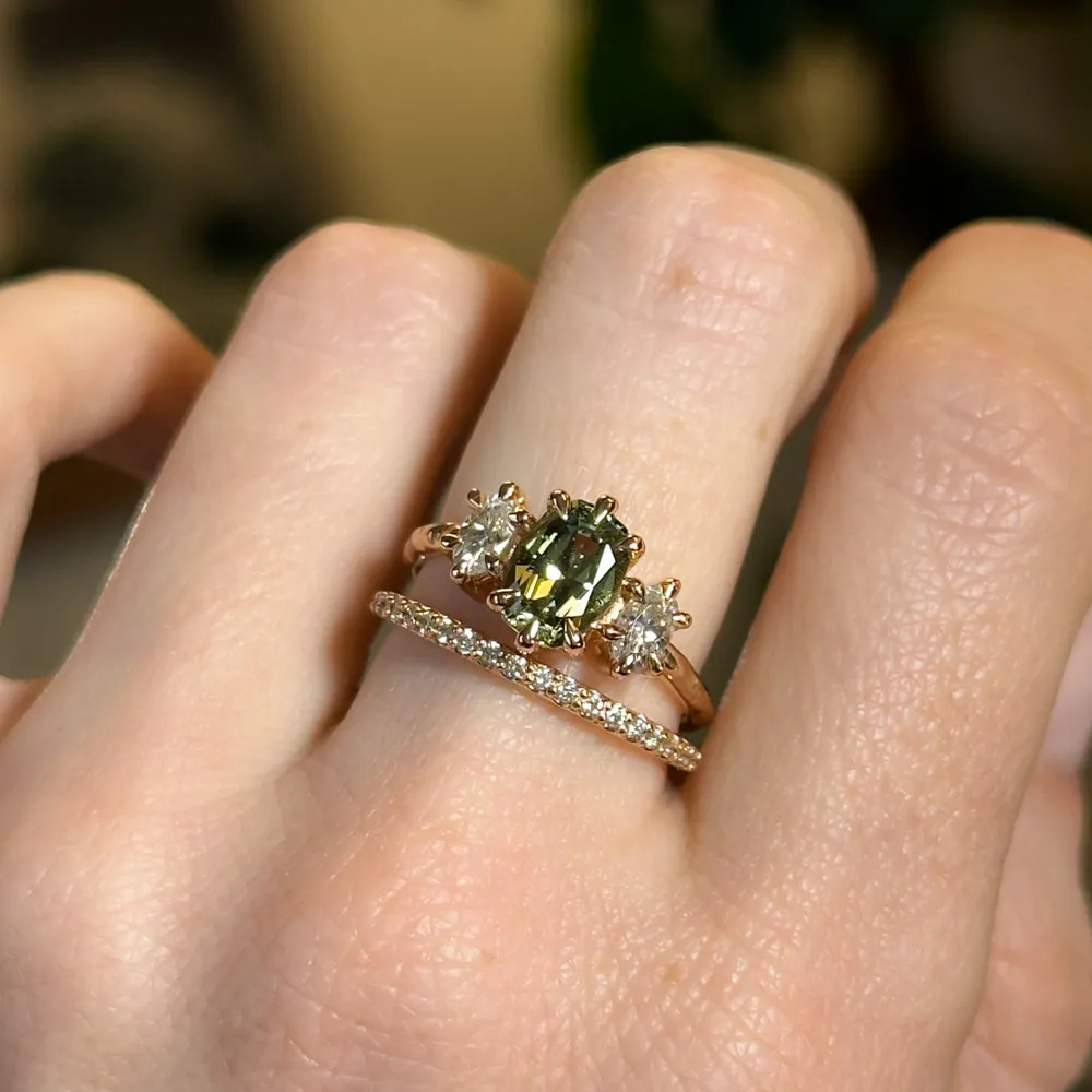 1.58ct Fancy Oval/Cushion Green Sapphire and Moissanite Three Stone ring with Evergreen texture in 18k Rose Gold