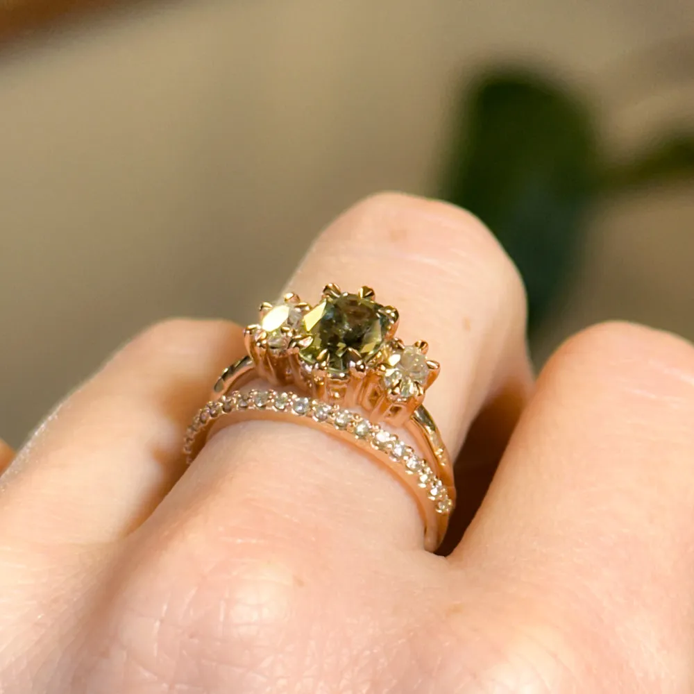 1.58ct Fancy Oval/Cushion Green Sapphire and Moissanite Three Stone ring with Evergreen texture in 18k Rose Gold