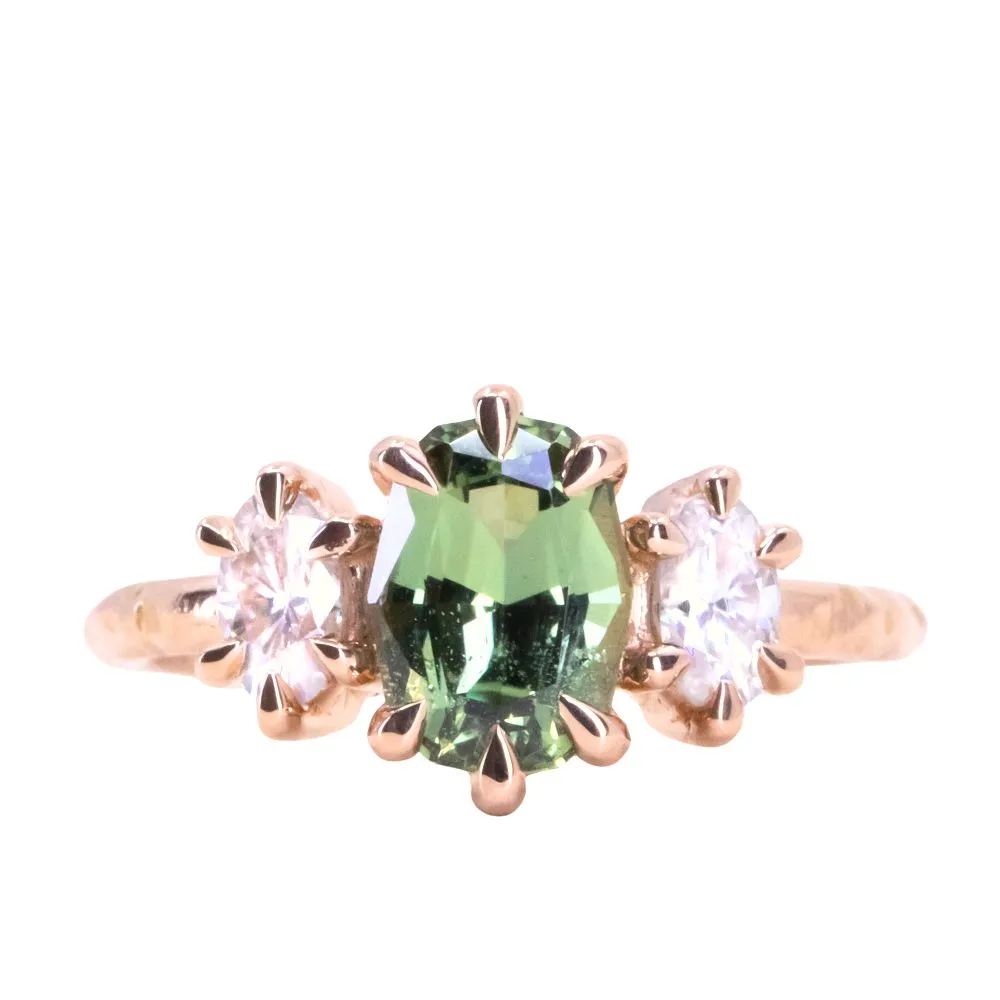 1.58ct Fancy Oval/Cushion Green Sapphire and Moissanite Three Stone ring with Evergreen texture in 18k Rose Gold