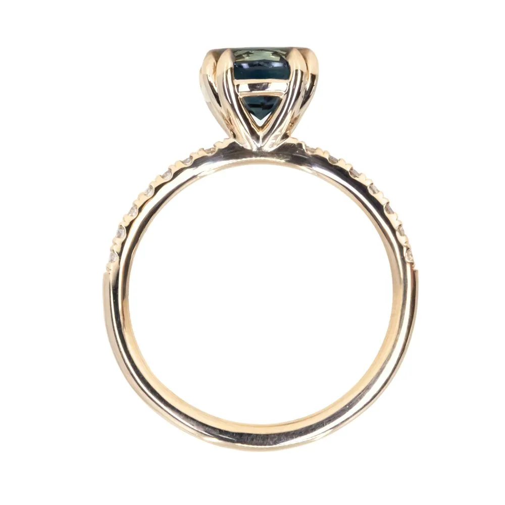 1.58ct Round Teal Sapphire Double Prong Solitaire with French Set Diamonds in 14k Yellow Gold