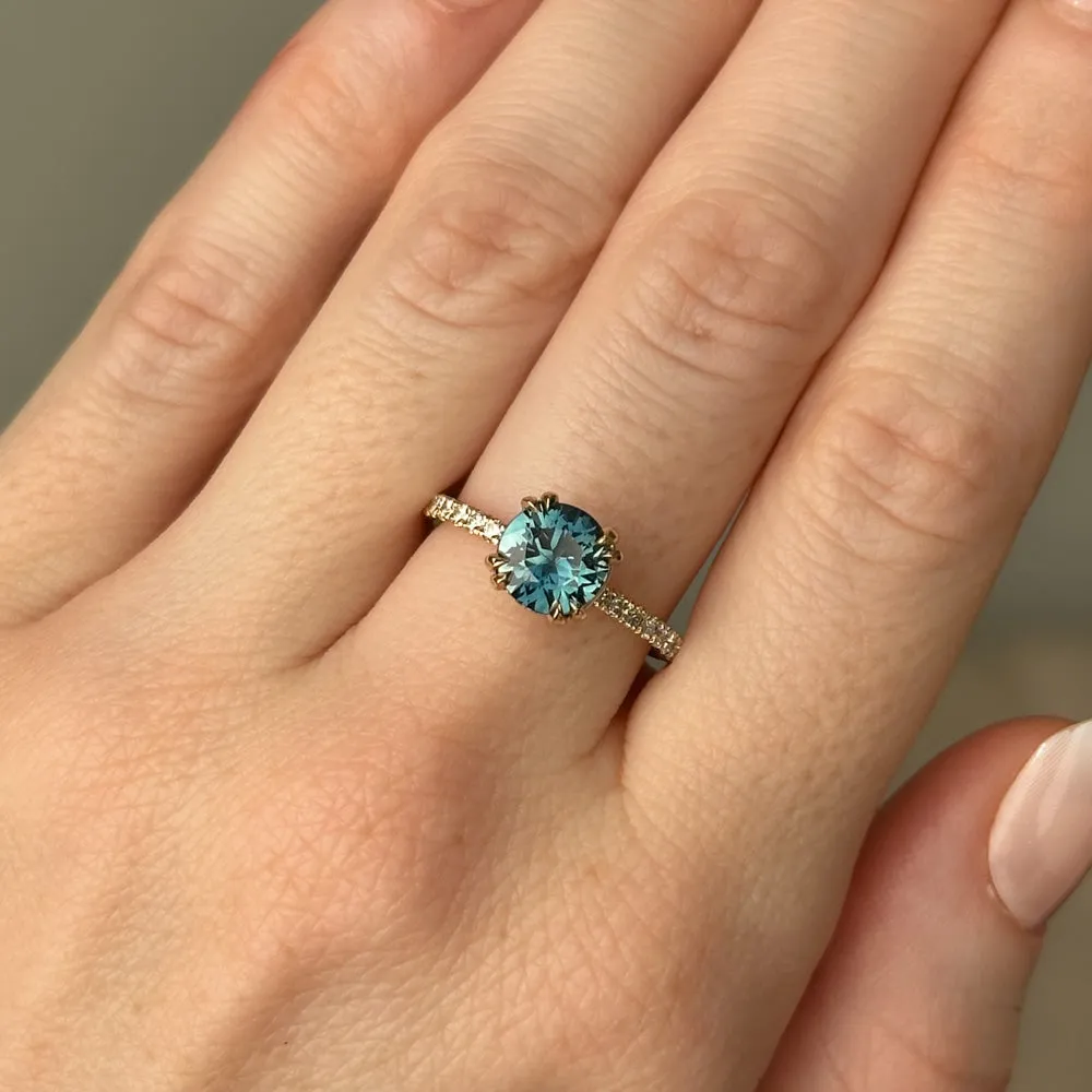 1.58ct Round Teal Sapphire Double Prong Solitaire with French Set Diamonds in 14k Yellow Gold