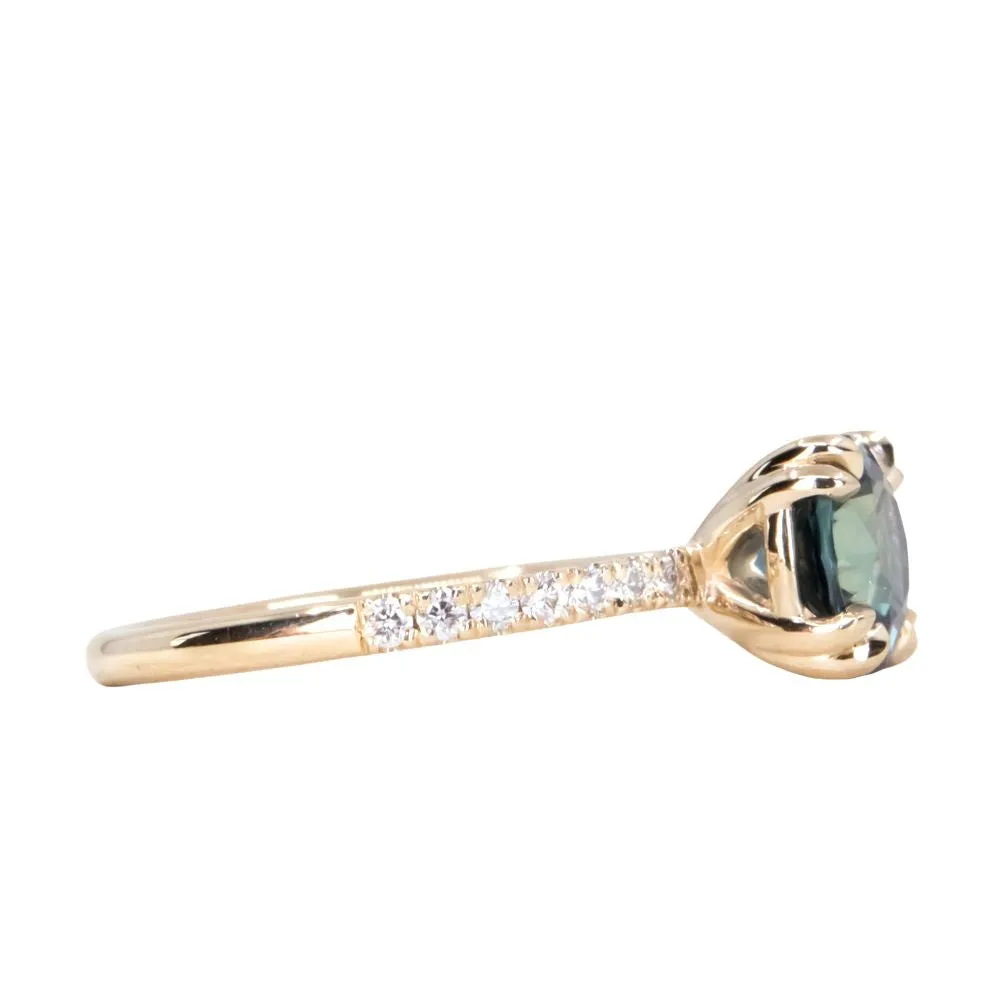 1.58ct Round Teal Sapphire Double Prong Solitaire with French Set Diamonds in 14k Yellow Gold