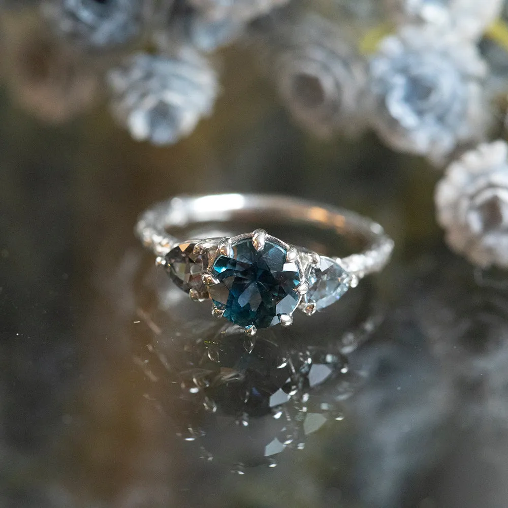 1.80ct Blue Montana Sapphire and Grey Spinel Three Stone Low Profile Evergreen Ring in Platinum