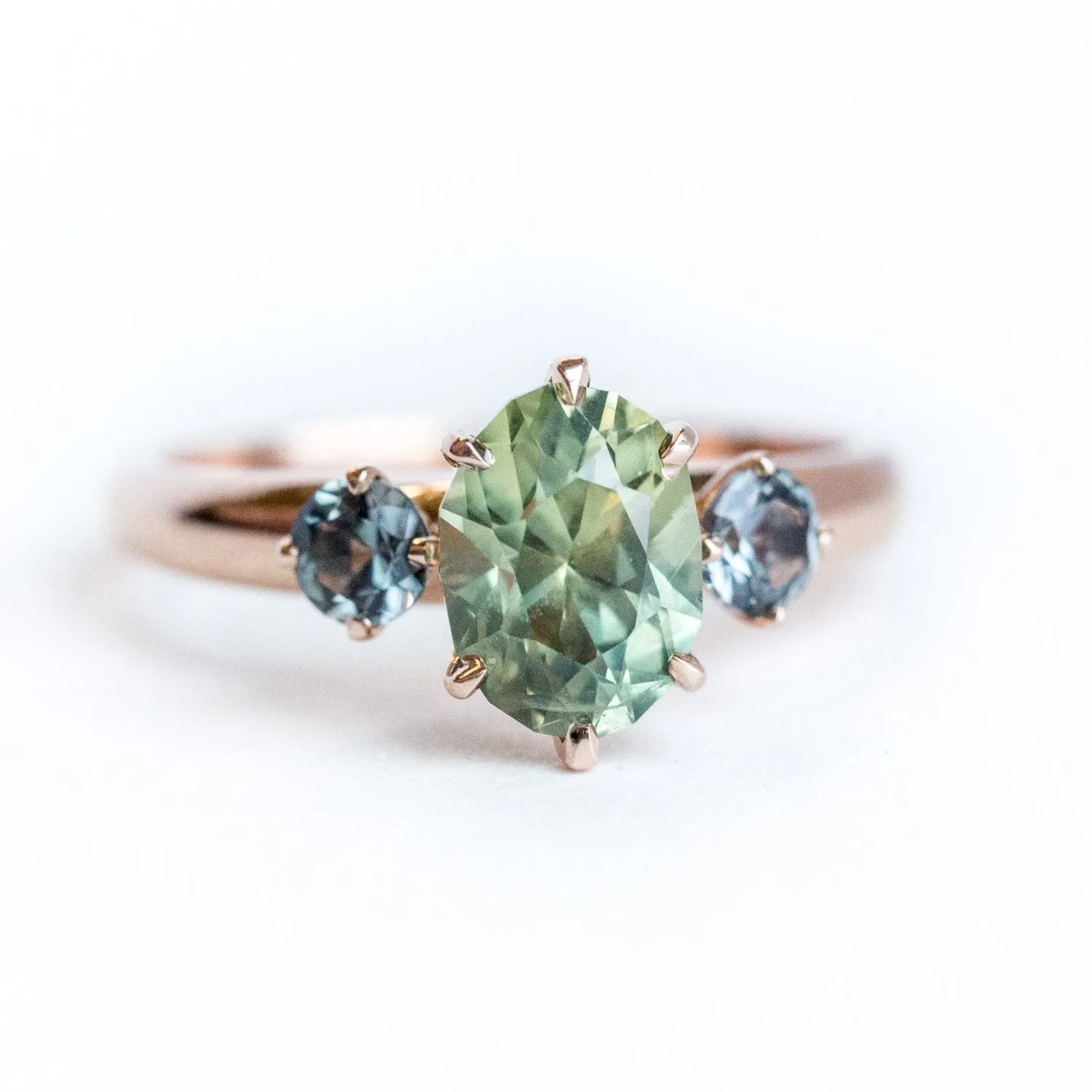 1.86ct Three-Stone Green Sapphire and Spinel Gemstone Ring in Rose Gold