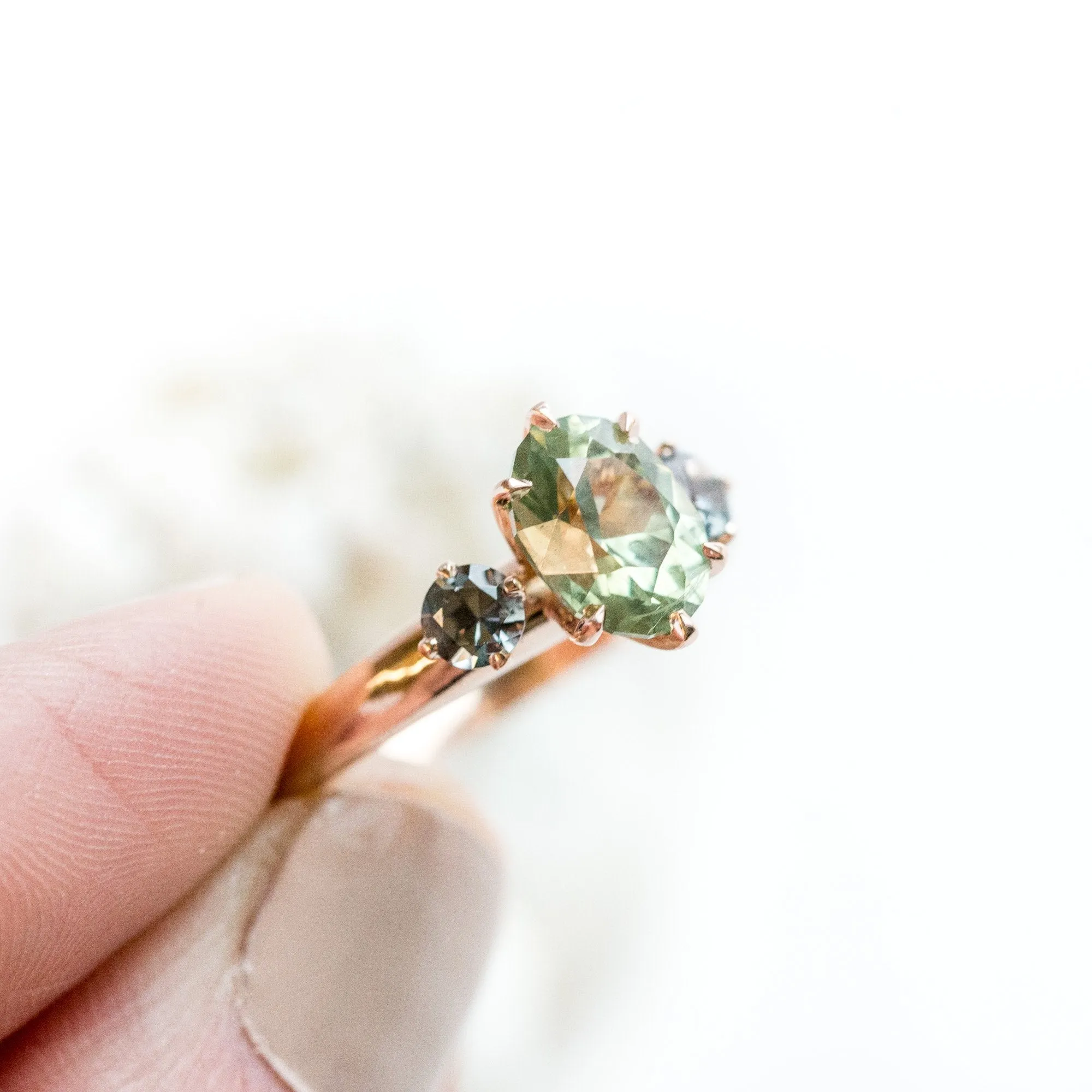 1.86ct Three-Stone Green Sapphire and Spinel Gemstone Ring in Rose Gold