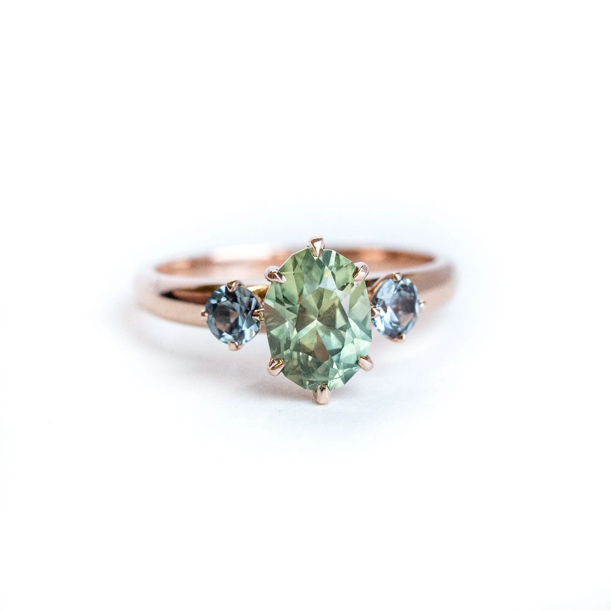 1.86ct Three-Stone Green Sapphire and Spinel Gemstone Ring in Rose Gold