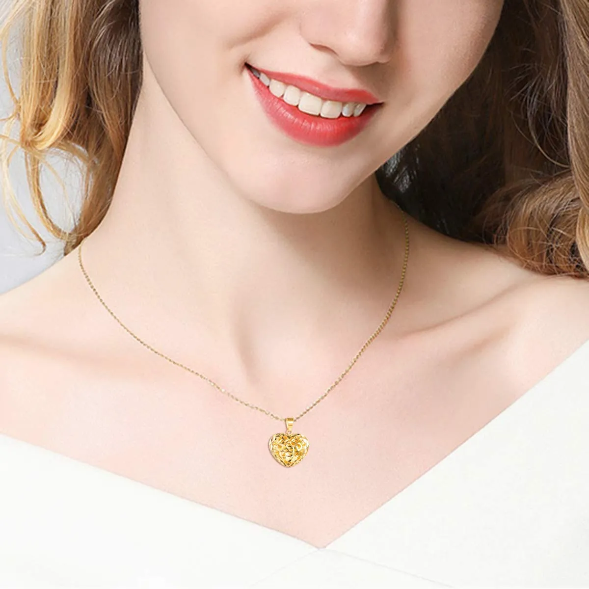 18K Gold Heart Necklace for Women, Yellow Gold Chain with Flower Heart Pendant