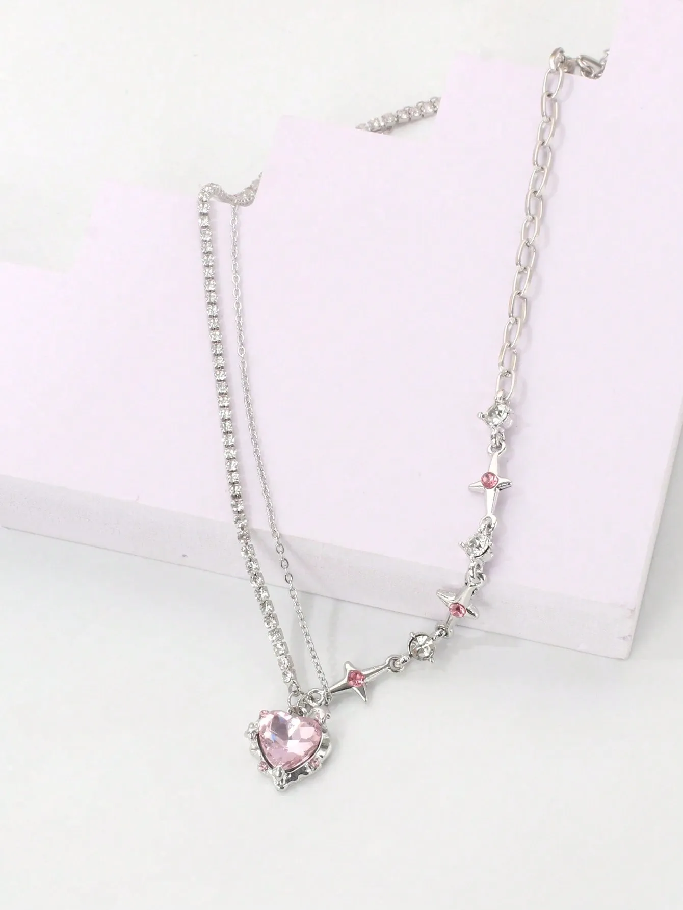 1pc Glamorous Star Decor Rhinestone Heart Charm Necklace For Women For Daily Decoration