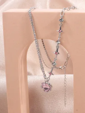 1pc Glamorous Star Decor Rhinestone Heart Charm Necklace For Women For Daily Decoration