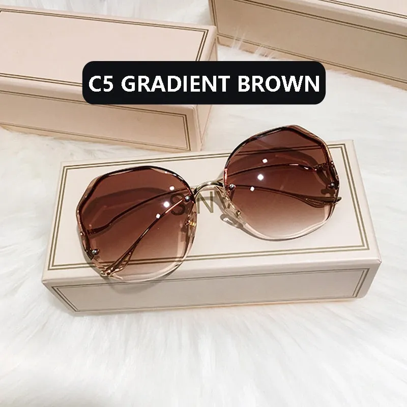 2022 Fashion Tea Gradient Sunglasses Women Ocean Water Cut Trimmed Lens Metal Curved Temples Sun Glasses Female UV400