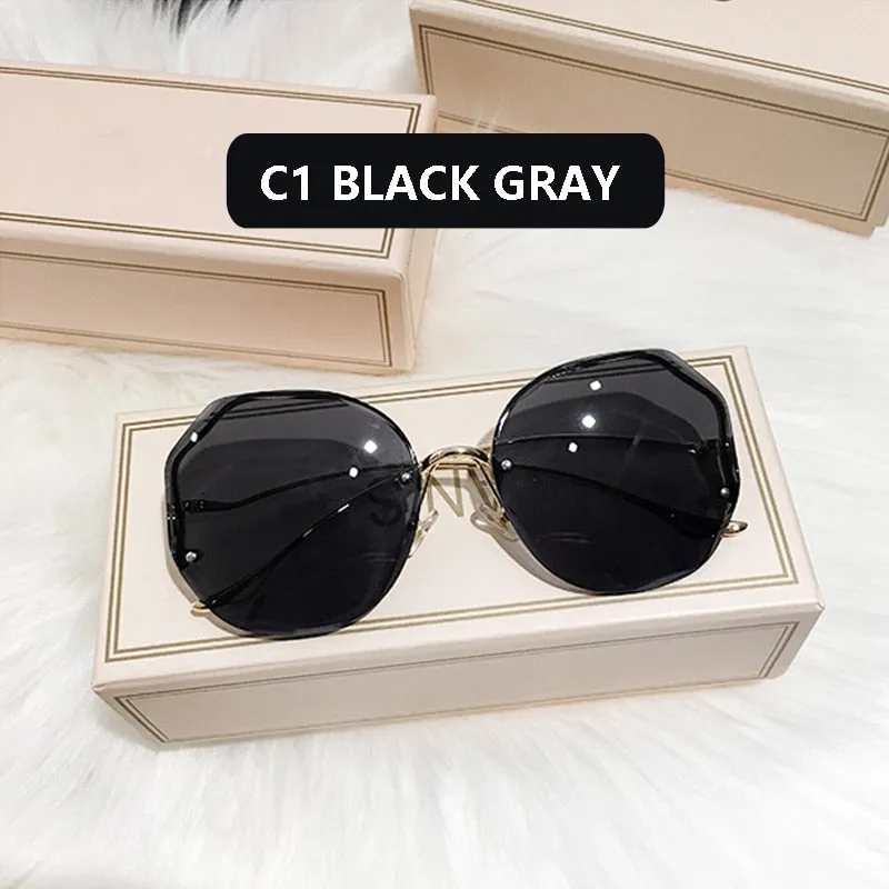 2022 Fashion Tea Gradient Sunglasses Women Ocean Water Cut Trimmed Lens Metal Curved Temples Sun Glasses Female UV400