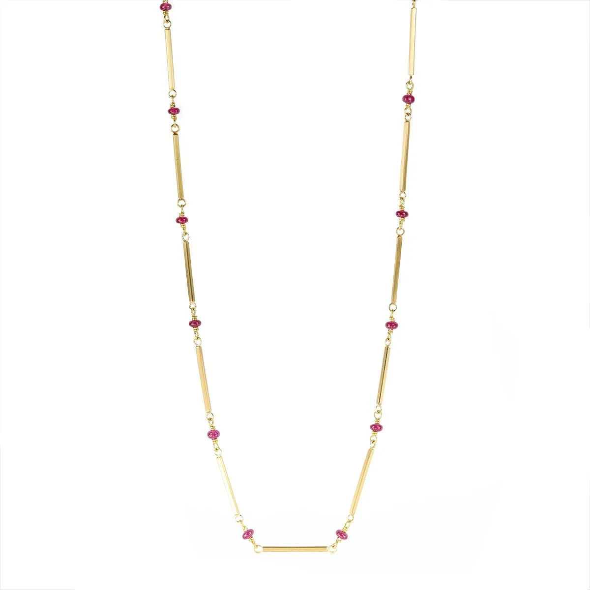 20K Gold Bar Chain Necklace with Cabochon Ruby Beads