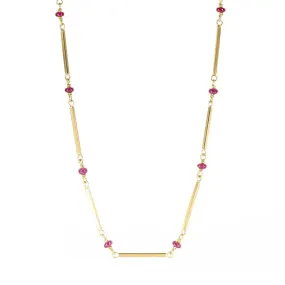 20K Gold Bar Chain Necklace with Cabochon Ruby Beads