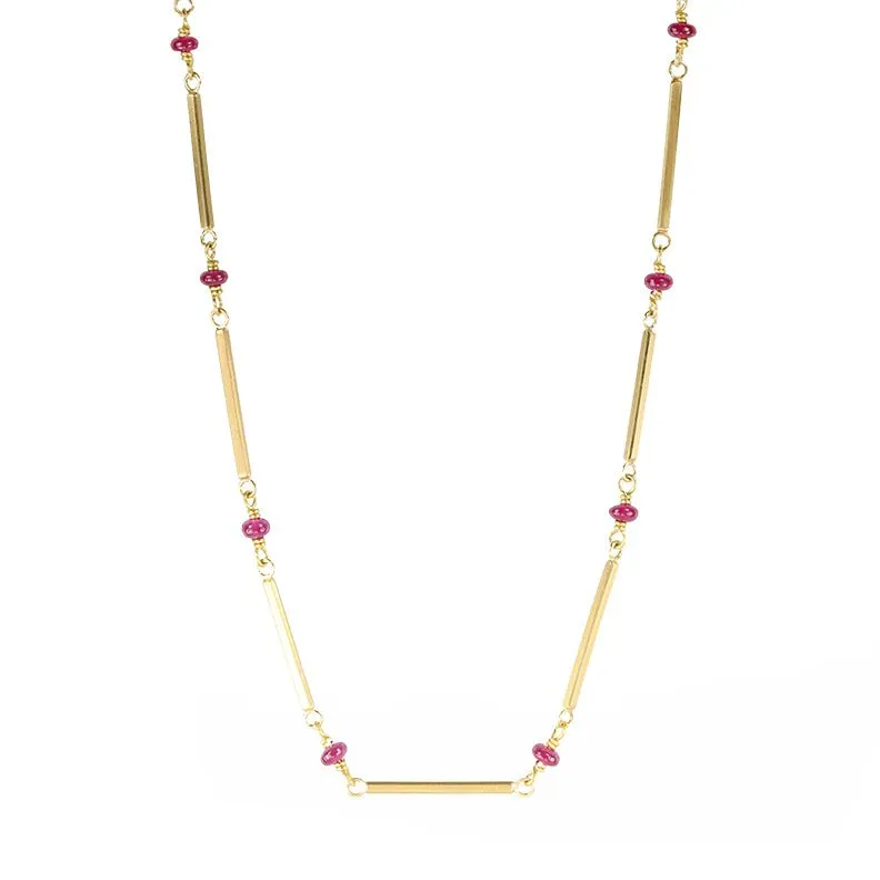 20K Gold Bar Chain Necklace with Cabochon Ruby Beads