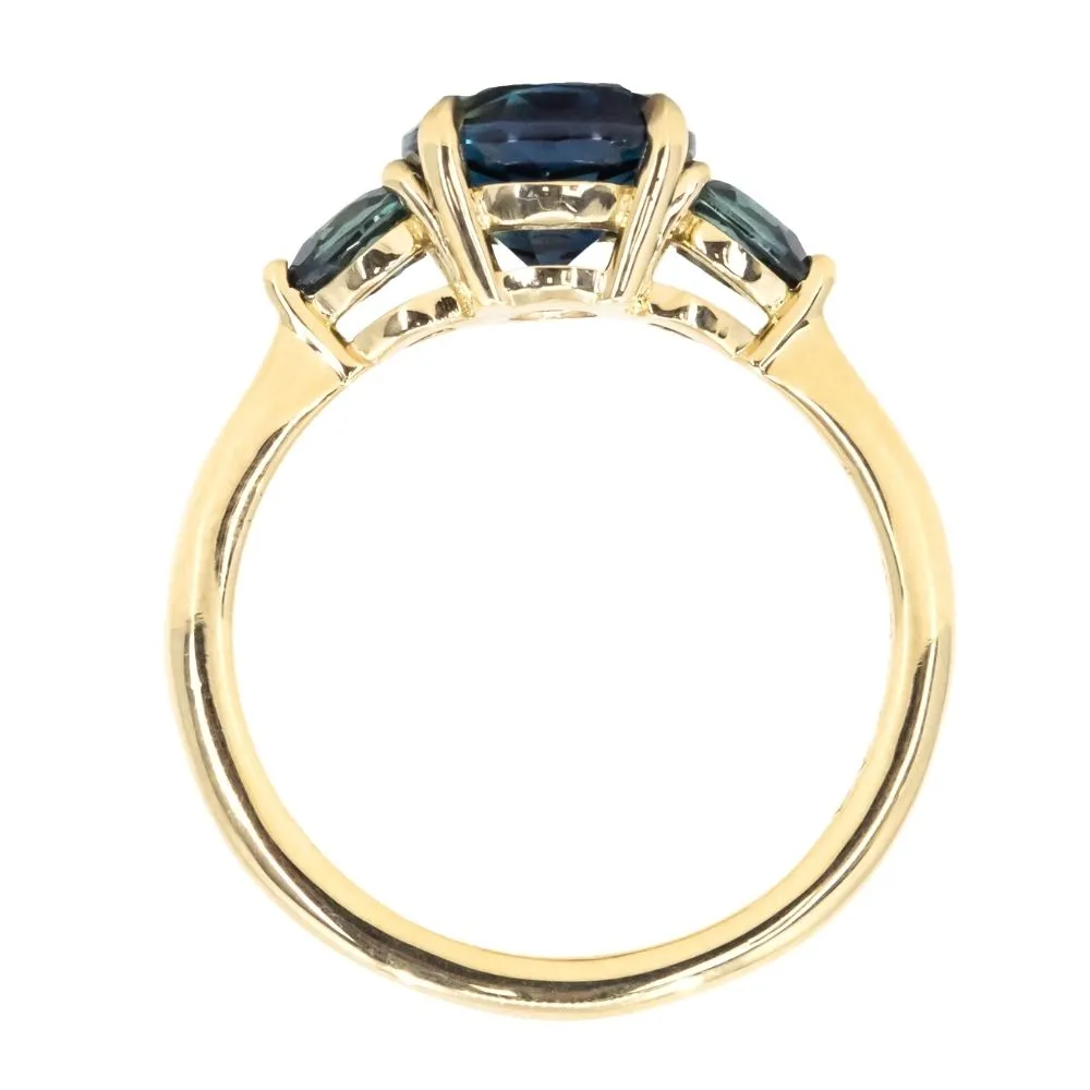 2.13ct Round Nigerian Sapphire and Pear Sapphire Three Stone Ring in 18K Yellow Gold